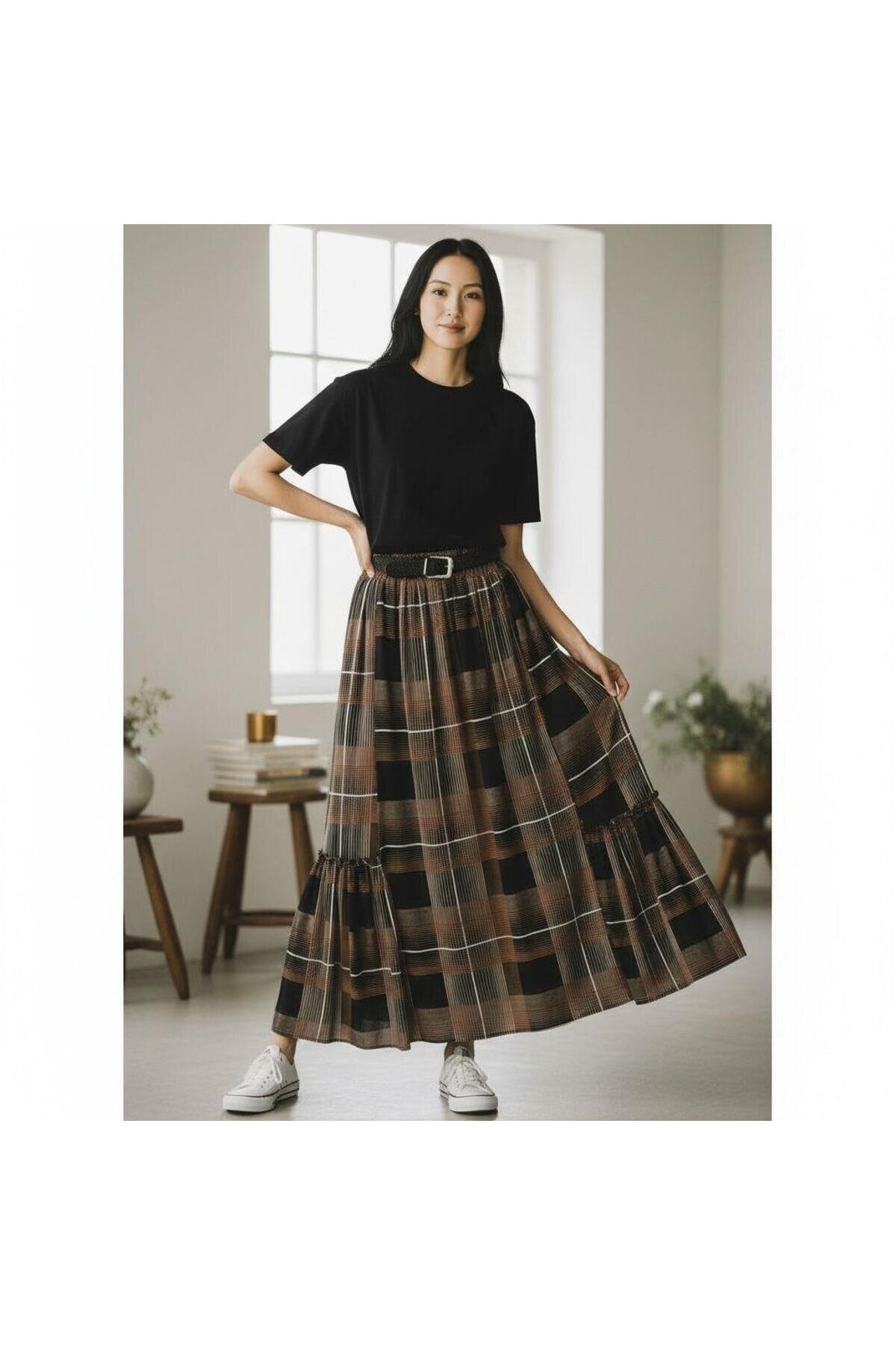 Bohemian Chiffon Elastic Waist Belted Skirt - Black - EREN STYLE