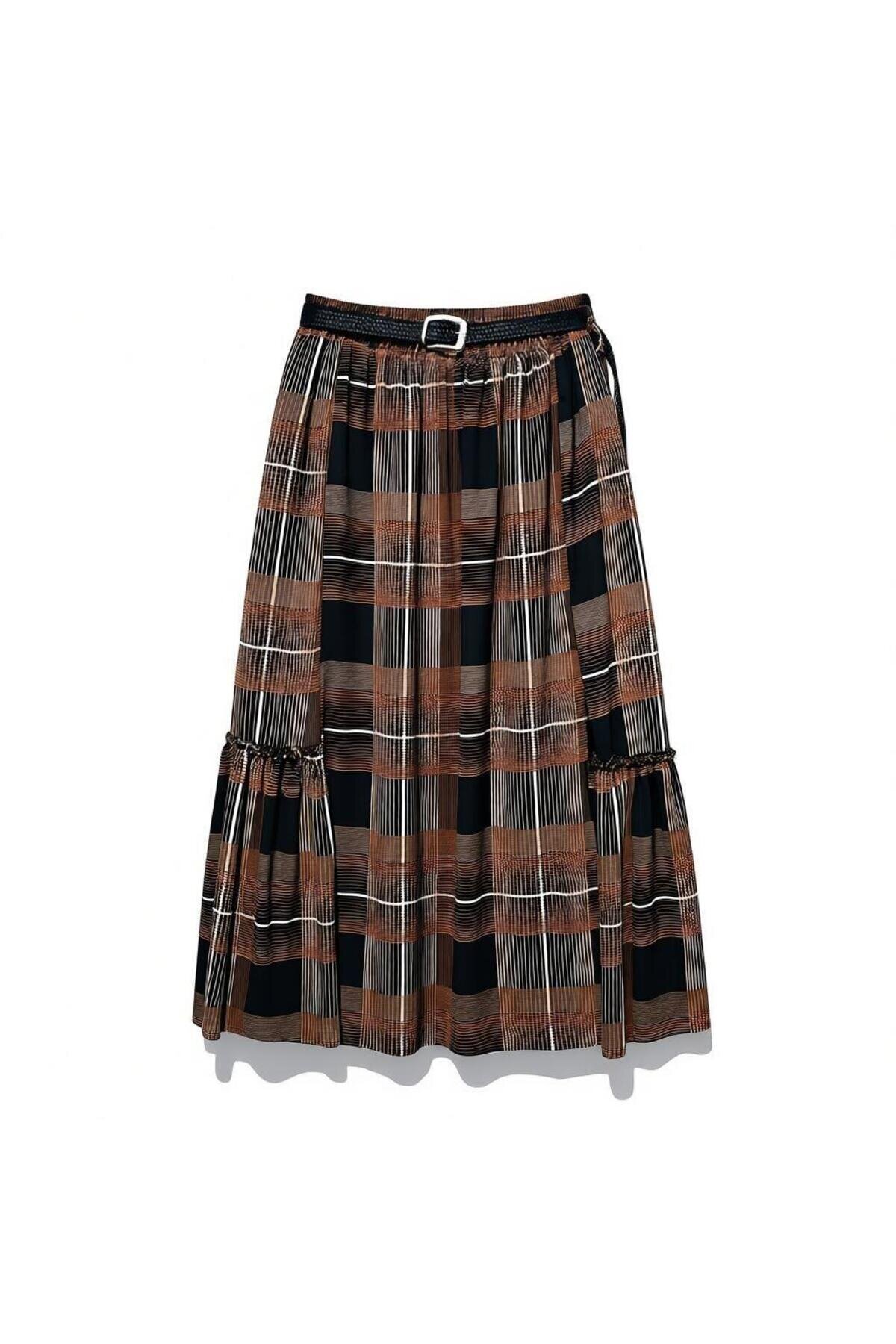 Bohemian Chiffon Elastic Waist Belted Skirt - Black - EREN STYLE