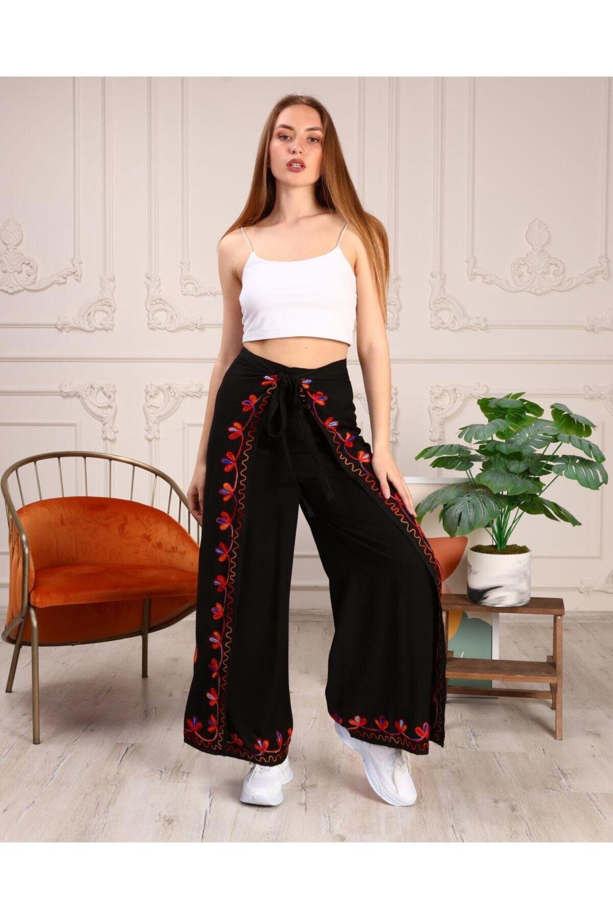 Siyah Otantik Nakış İşlemeli Harem Şalvar Bulmaca Pantolon - EREN STYLE