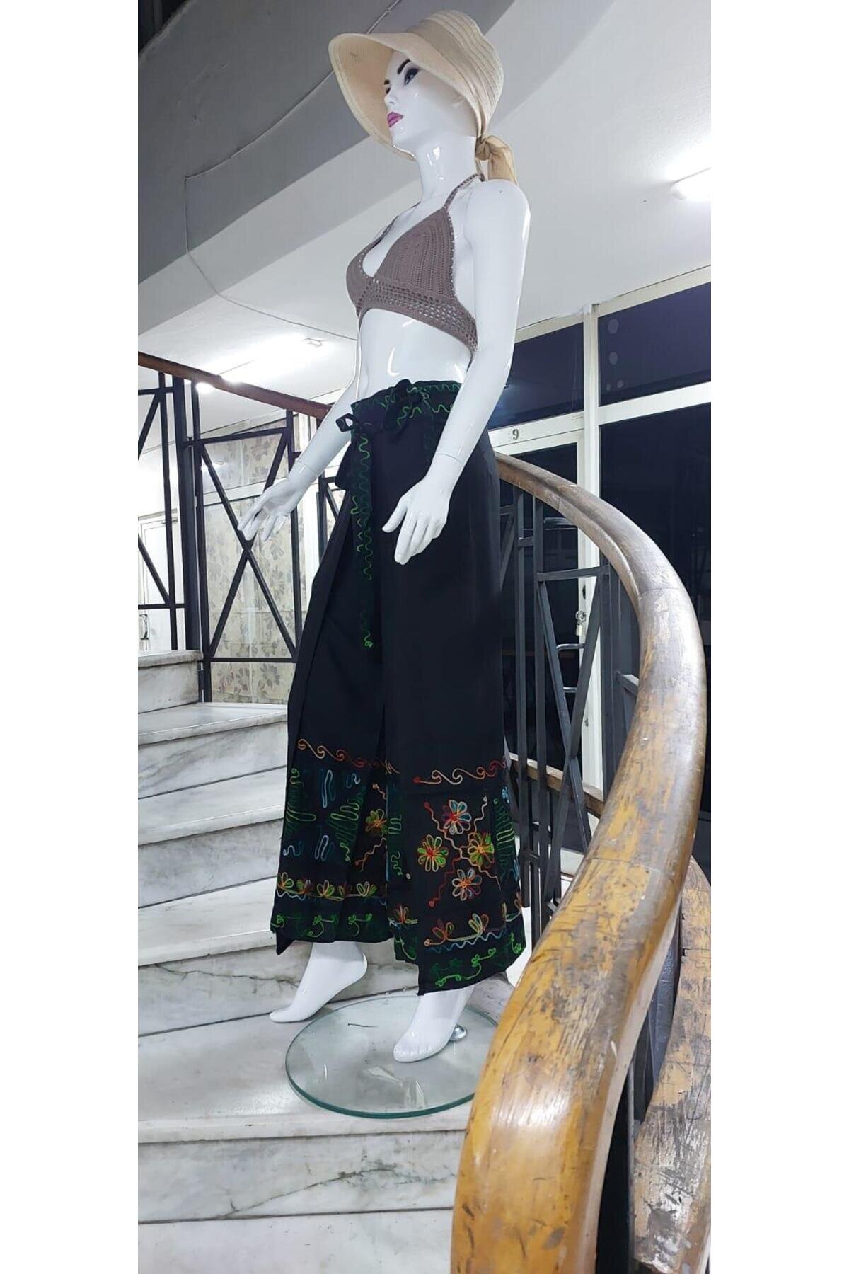 Siyah Otantik Nakış İşlemeli Harem Şalvar Pantolon - EREN STYLE