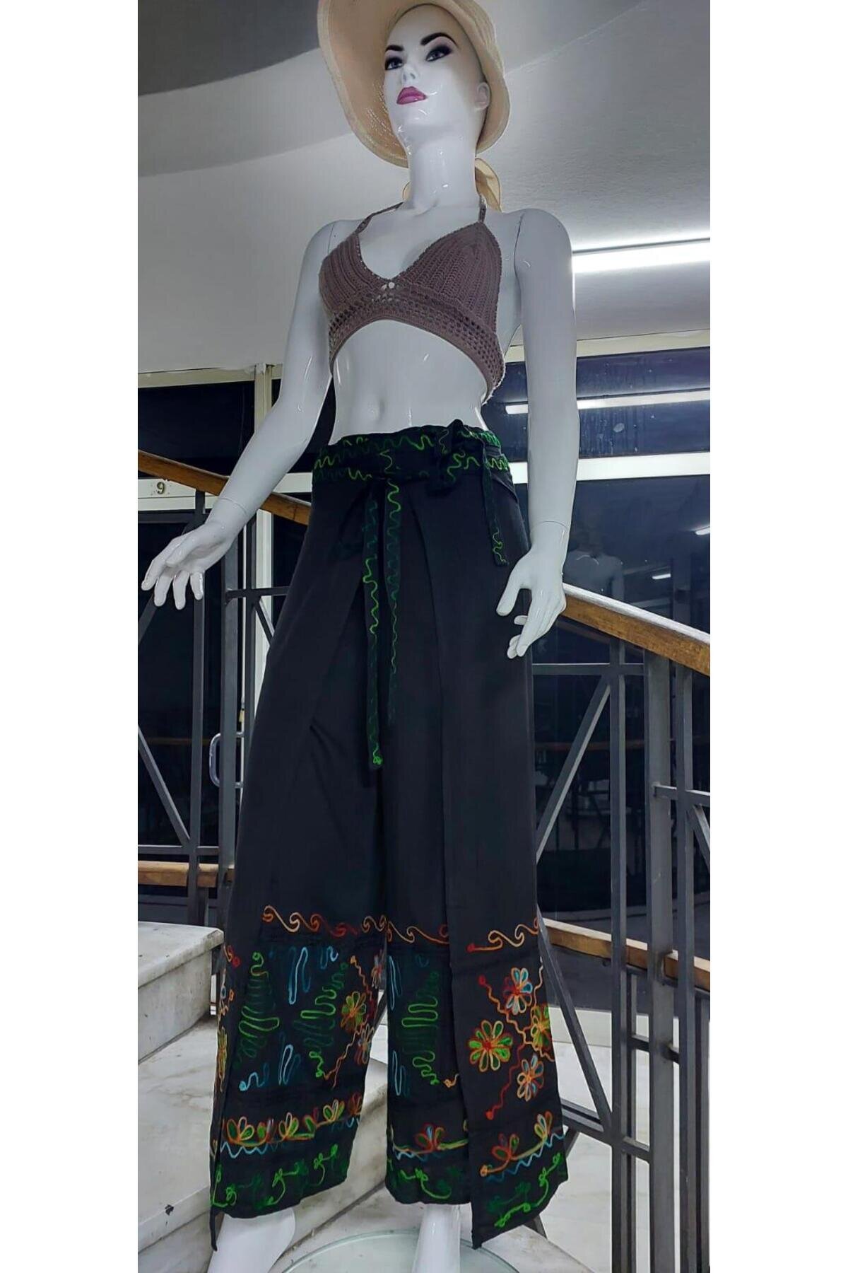 Siyah Otantik Nakış İşlemeli Harem Şalvar Pantolon - EREN STYLE