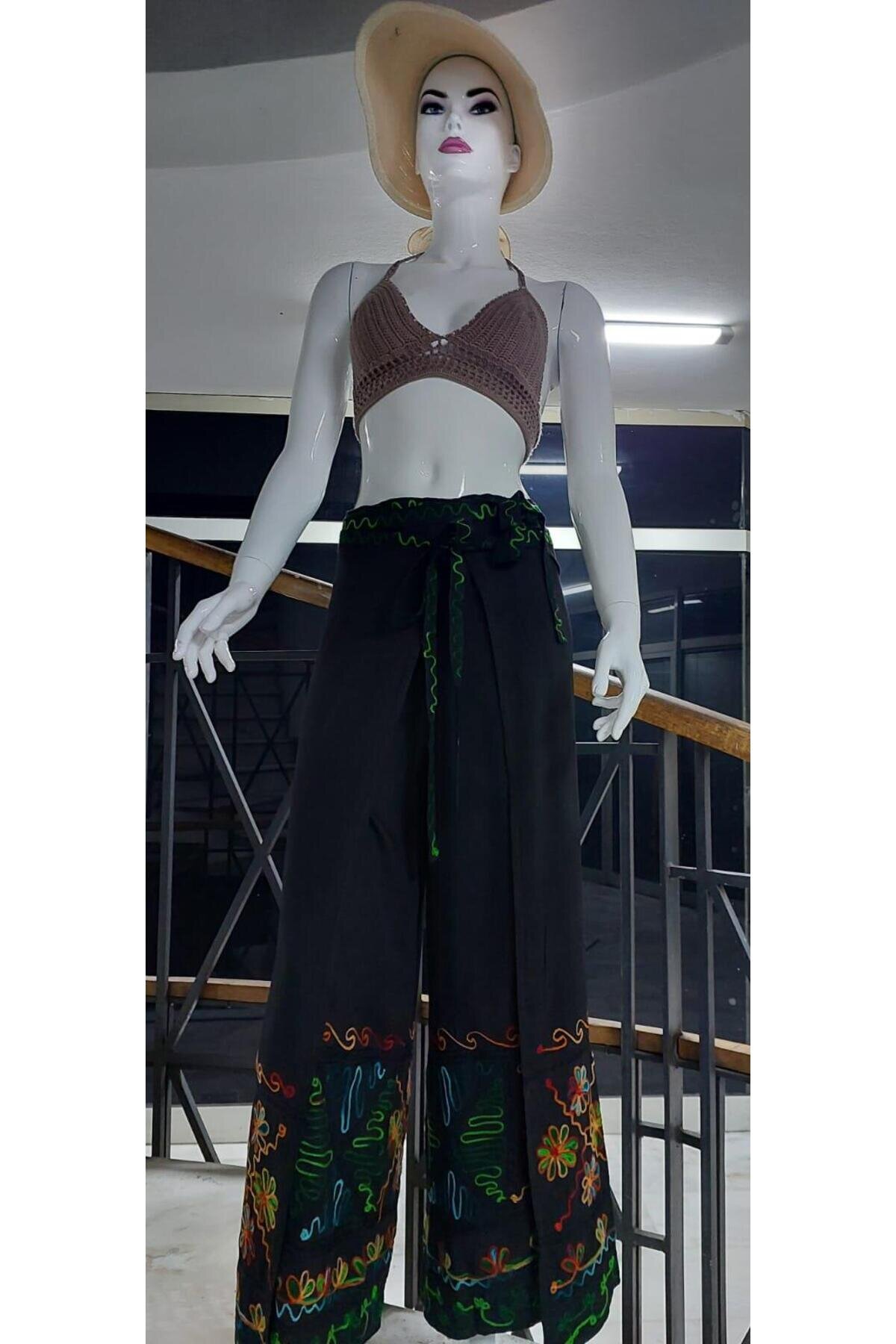 Siyah Otantik Nakış İşlemeli Harem Şalvar Pantolon - EREN STYLE