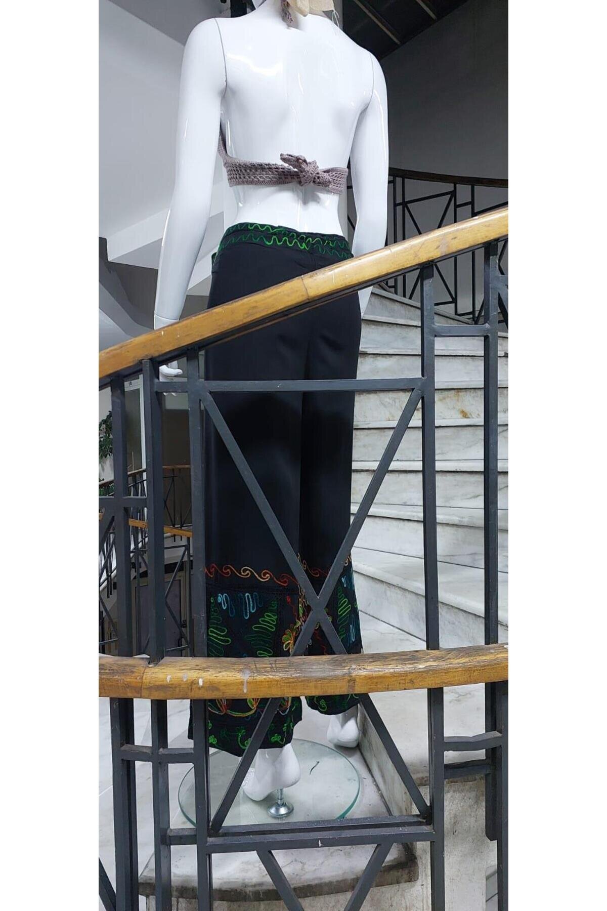 Siyah Otantik Nakış İşlemeli Harem Şalvar Pantolon - EREN STYLE