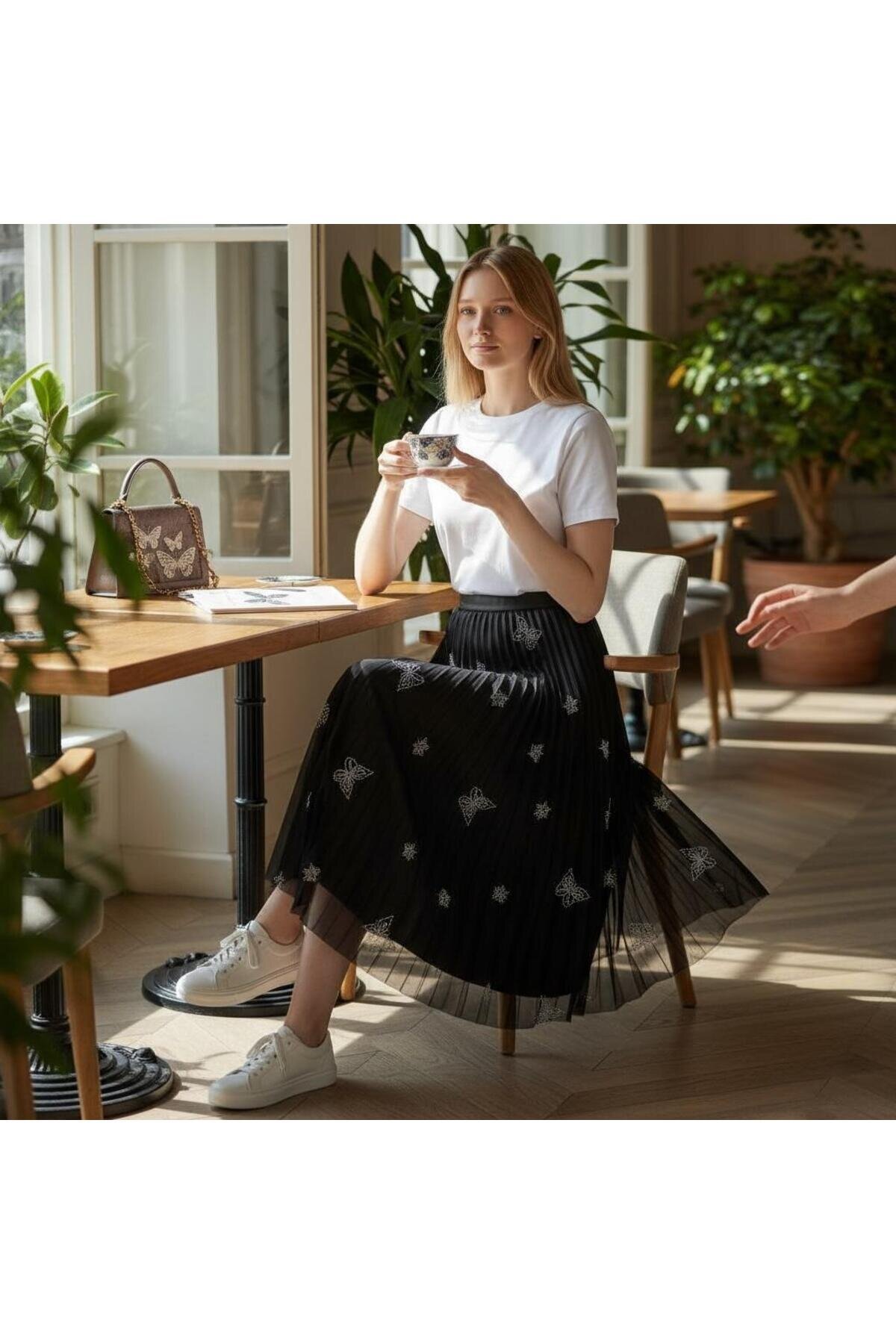 Pleated Leather-Look Butterfly and Stone Detailed Cotton Viscose Skirt - Black - EREN STYLE