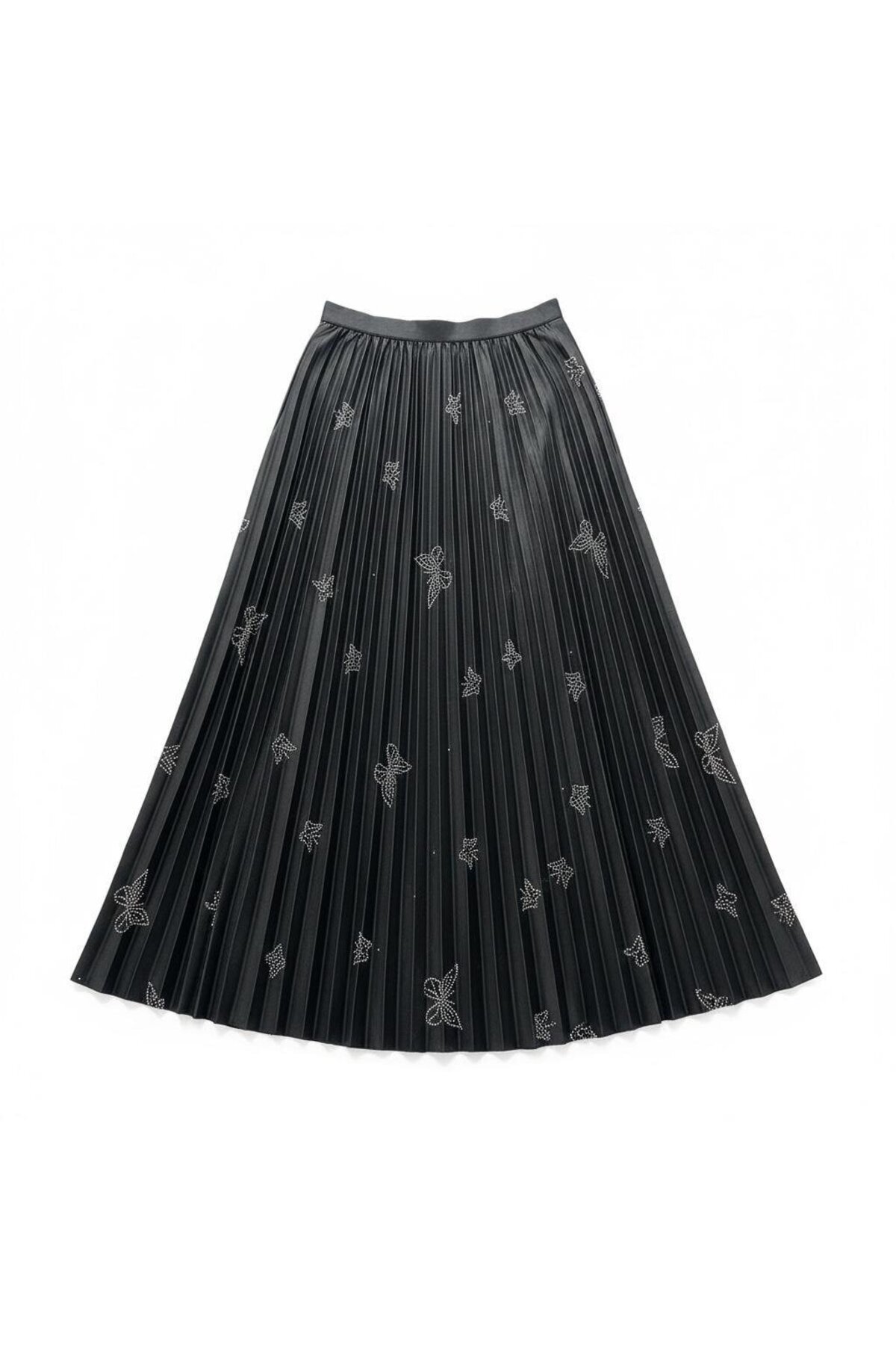Pleated Leather-Look Butterfly and Stone Detailed Cotton Viscose Skirt - Black - EREN STYLE