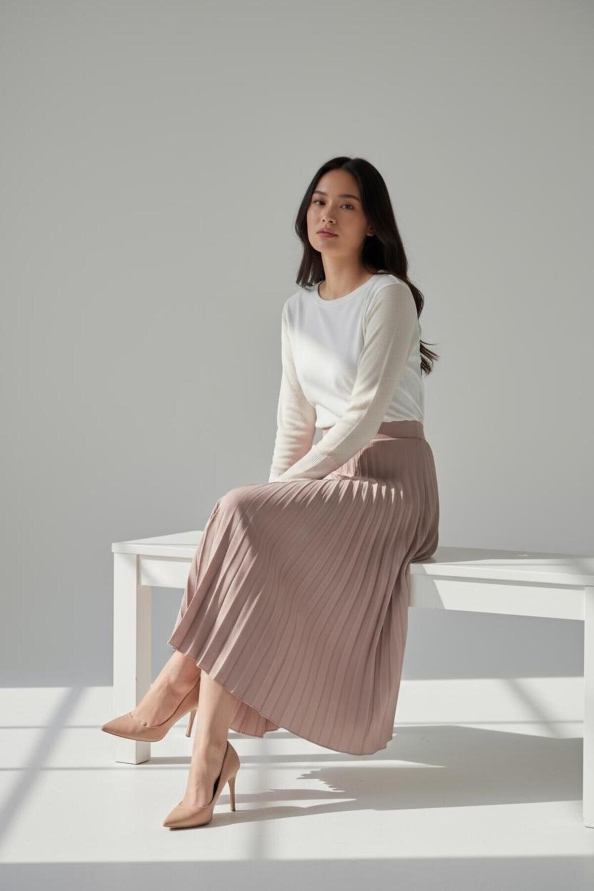 Pleated Seasonal Cotton Viscose Woven Skirt - Mink - EREN STYLE