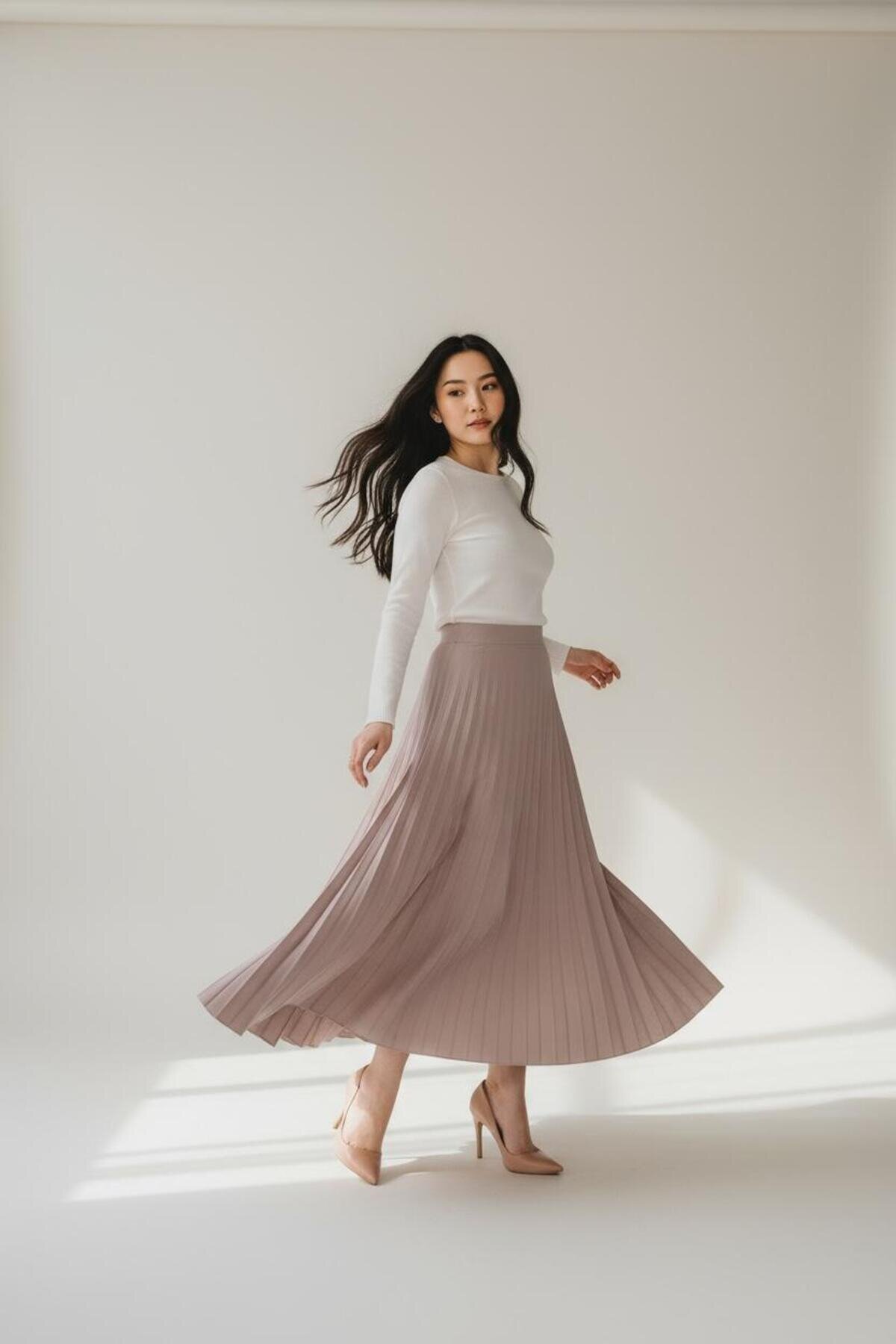 Pleated Seasonal Cotton Viscose Woven Skirt - Mink - EREN STYLE