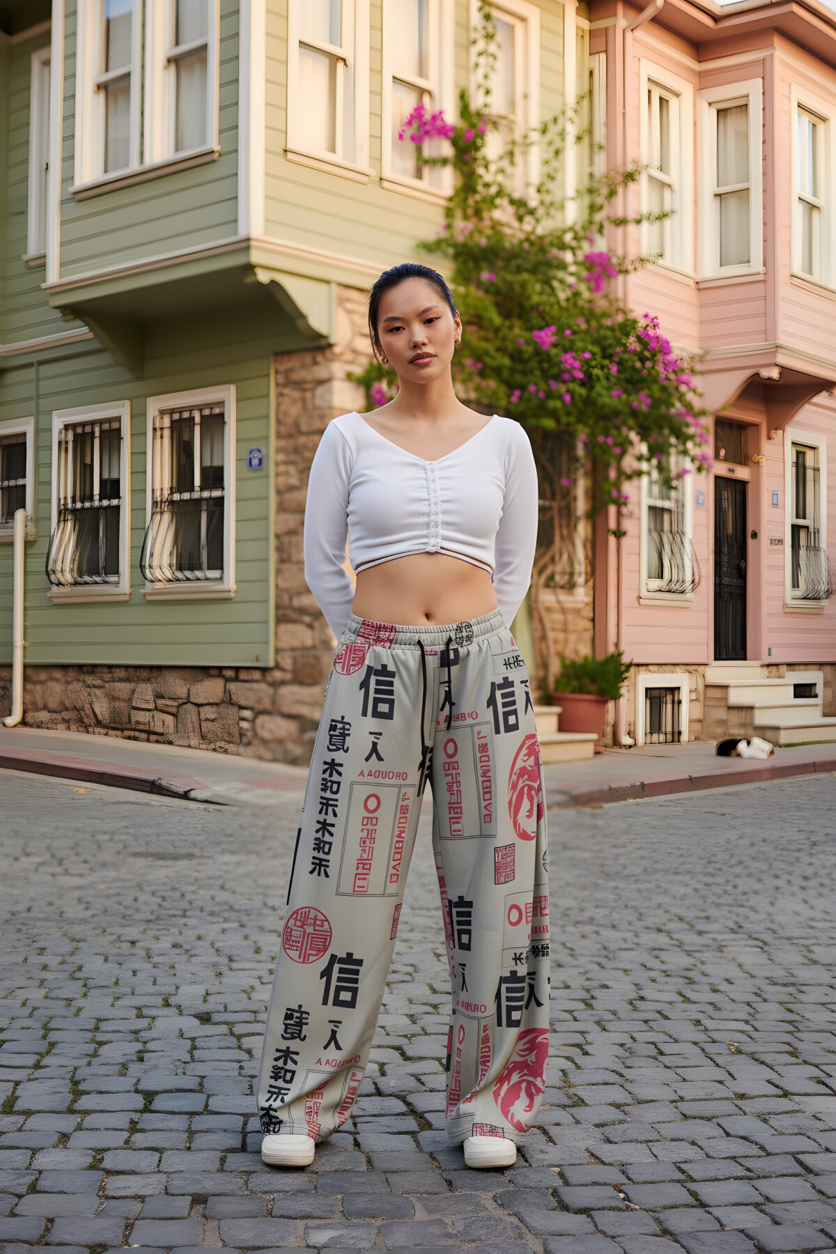 Bej Baskılı Baggy Spor Sokak Tarzı Bürümcük Pantolon - Mexico Superblue