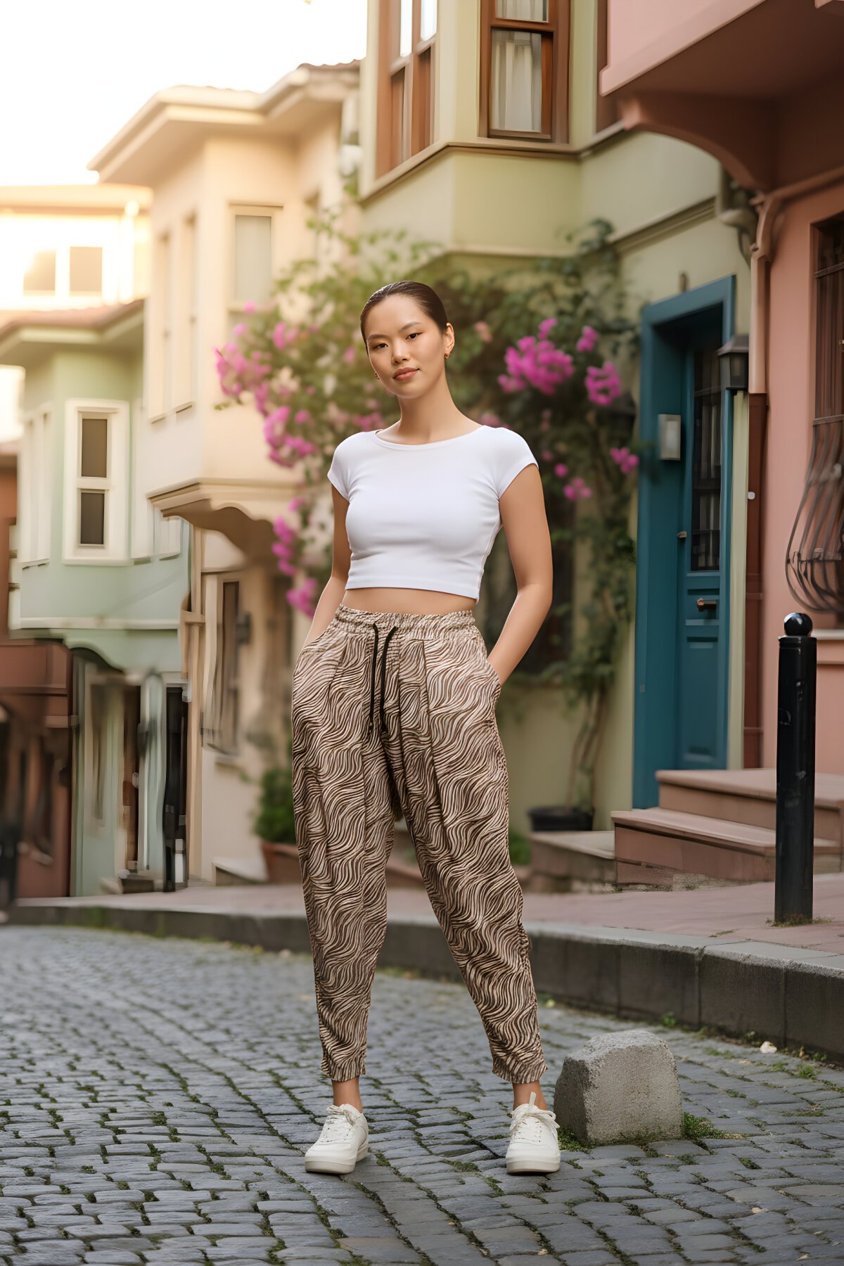 Bej Baskılı Sokak Tarzı Spor Şalvar Bürümcük Pantolon - Mexico Superblue