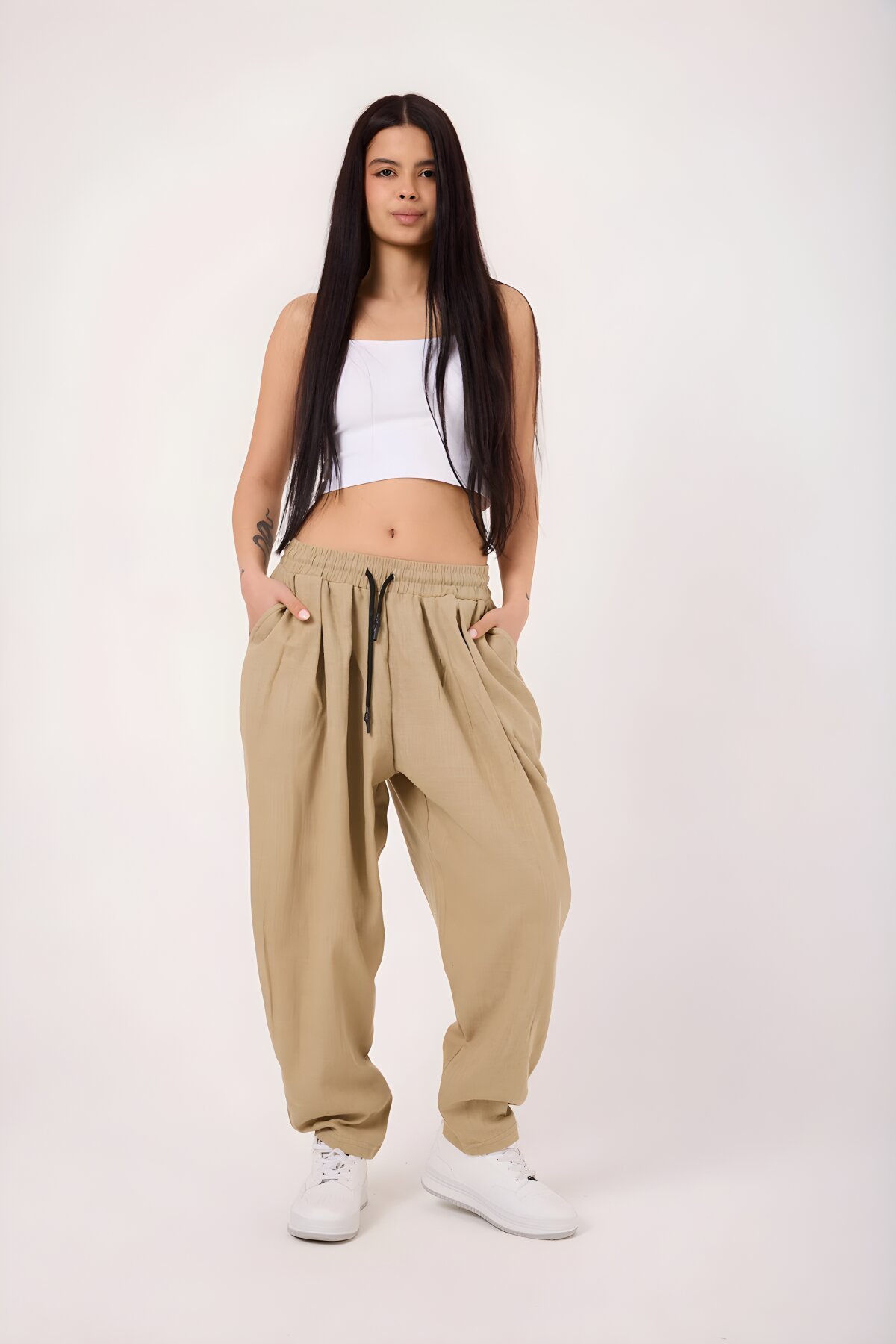 Bej Baskılı Spor Sokak Tarzı Şalvar Pantolon - Mexico Superblue