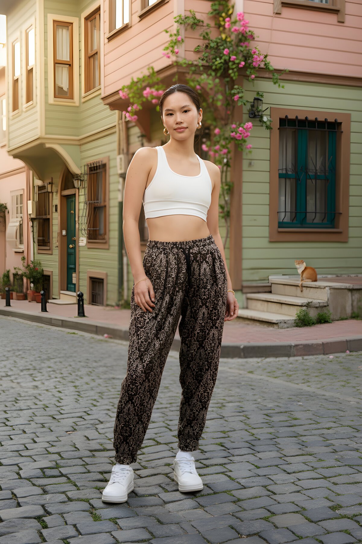 Bej Desenli Jakar Sokak Tarzı Spor Şalvar Pantolon - Mexico Superblue