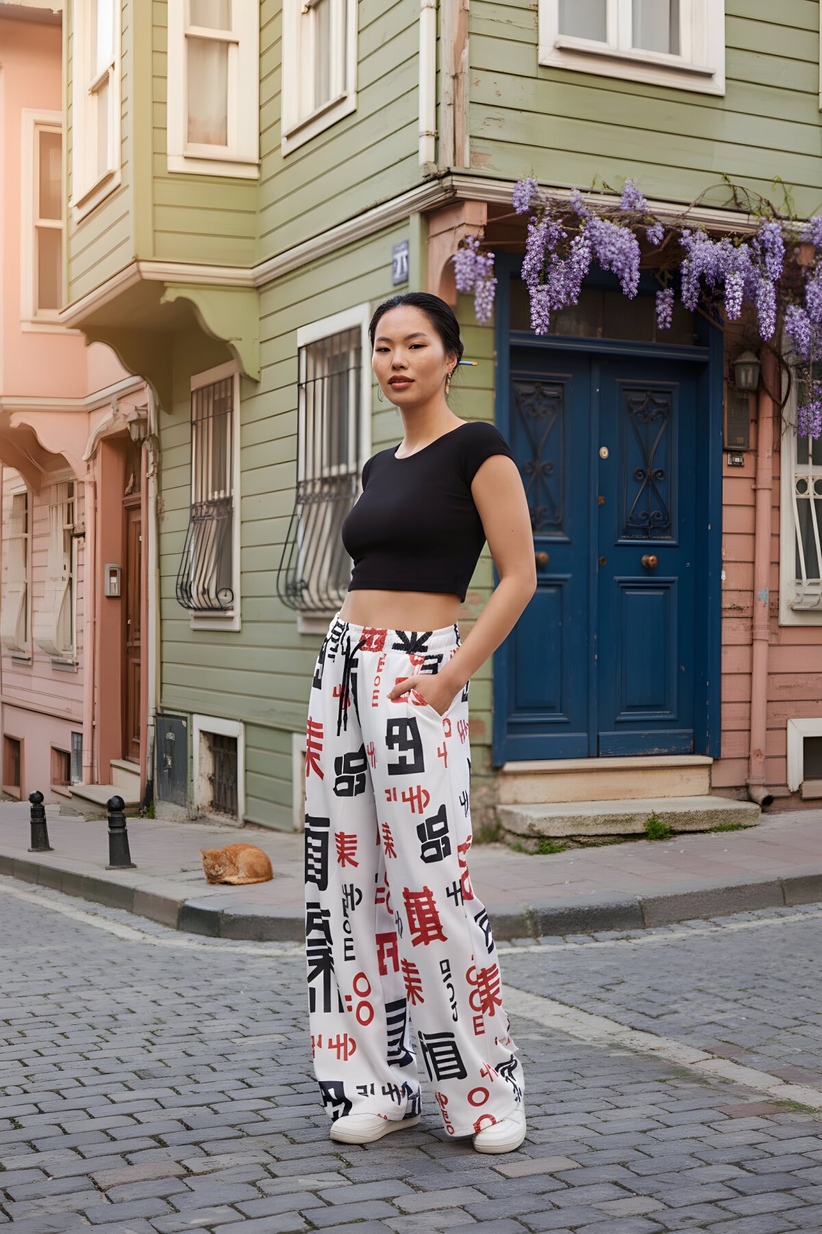 Beyaz Baskılı Spor Baggy Bürümcük Pantolon - Mexico Superblue