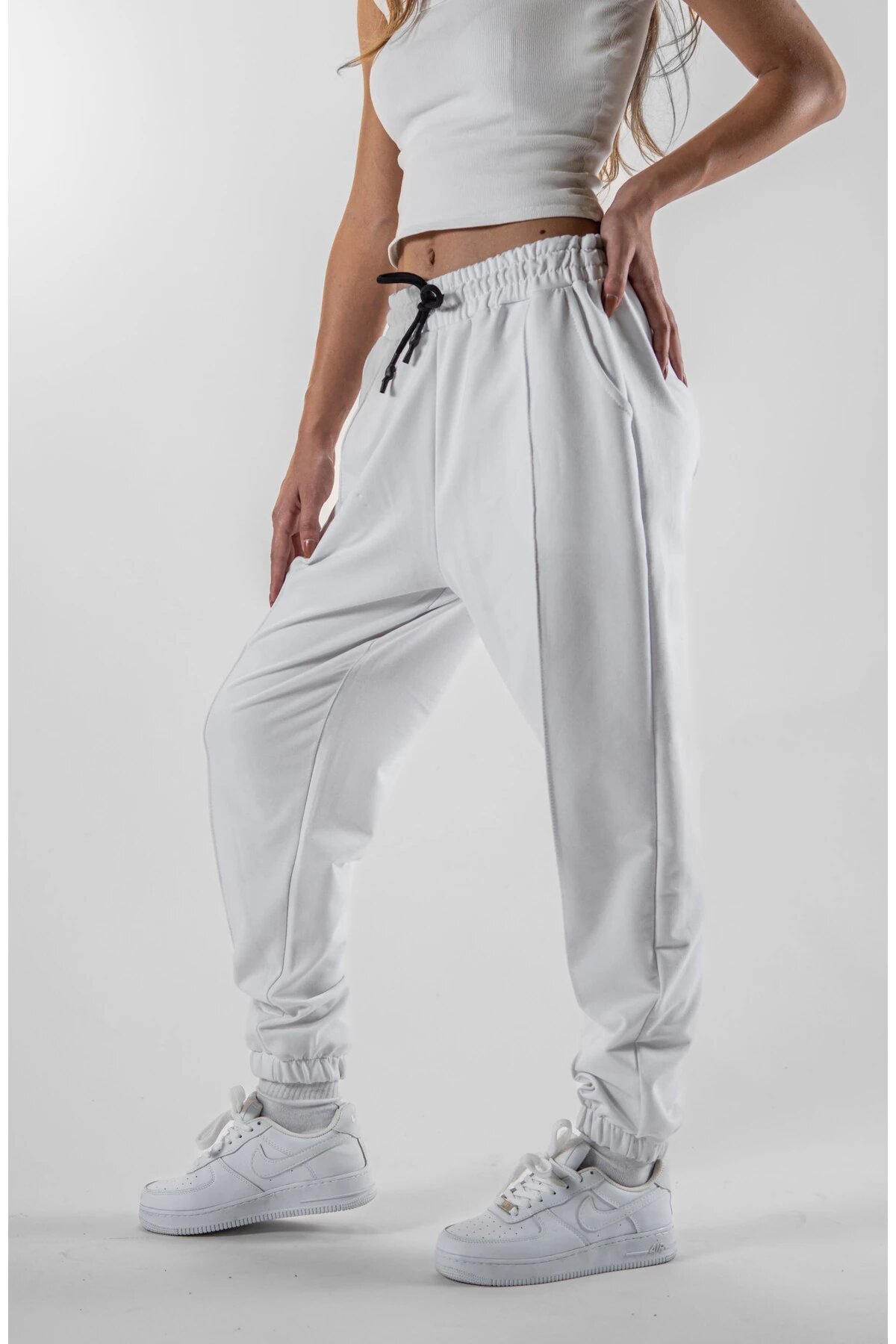 Beyaz Jogger Paçası Lastikli Pantolon - Mexico Superblue