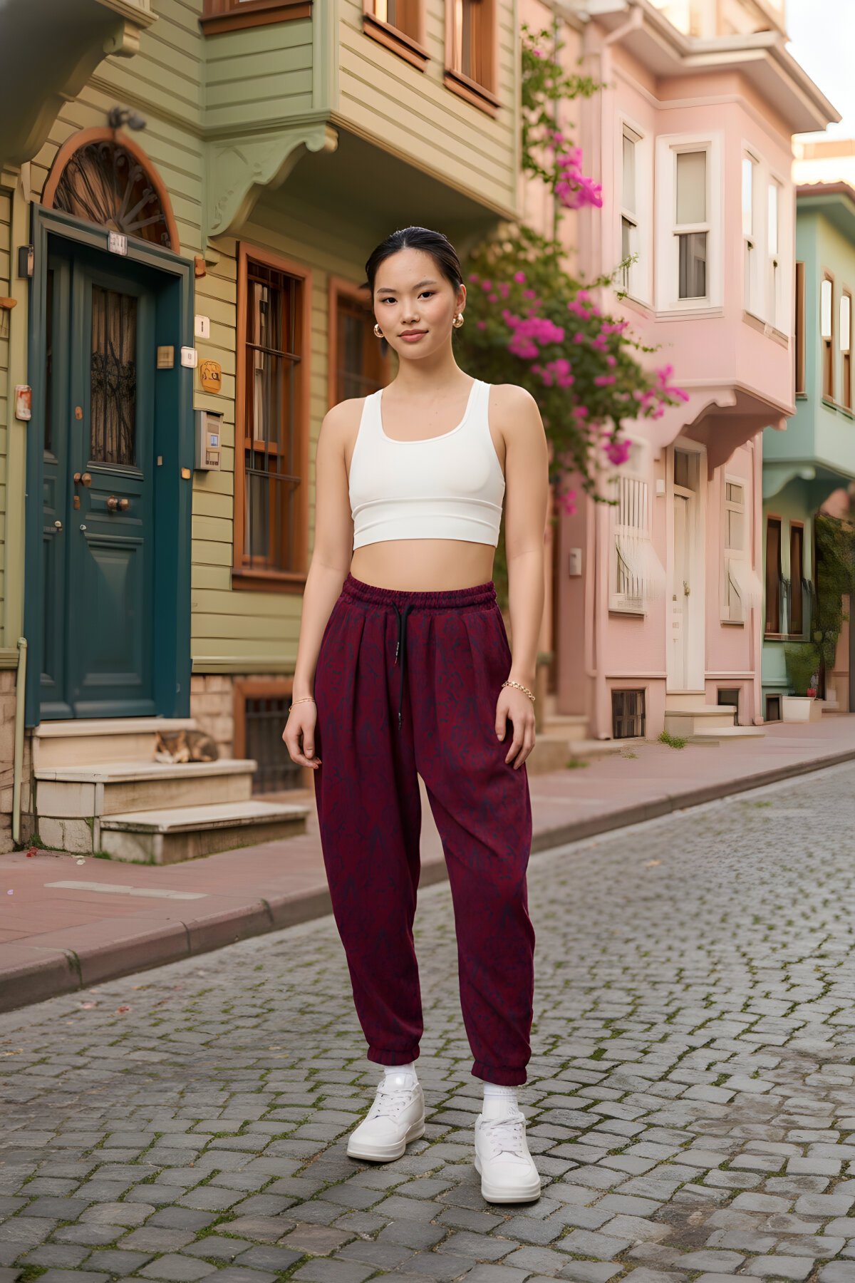 Bordo Jakar Desenli Sokak Tarzı Spor Şalvar Pantolon - Mexico Superblue