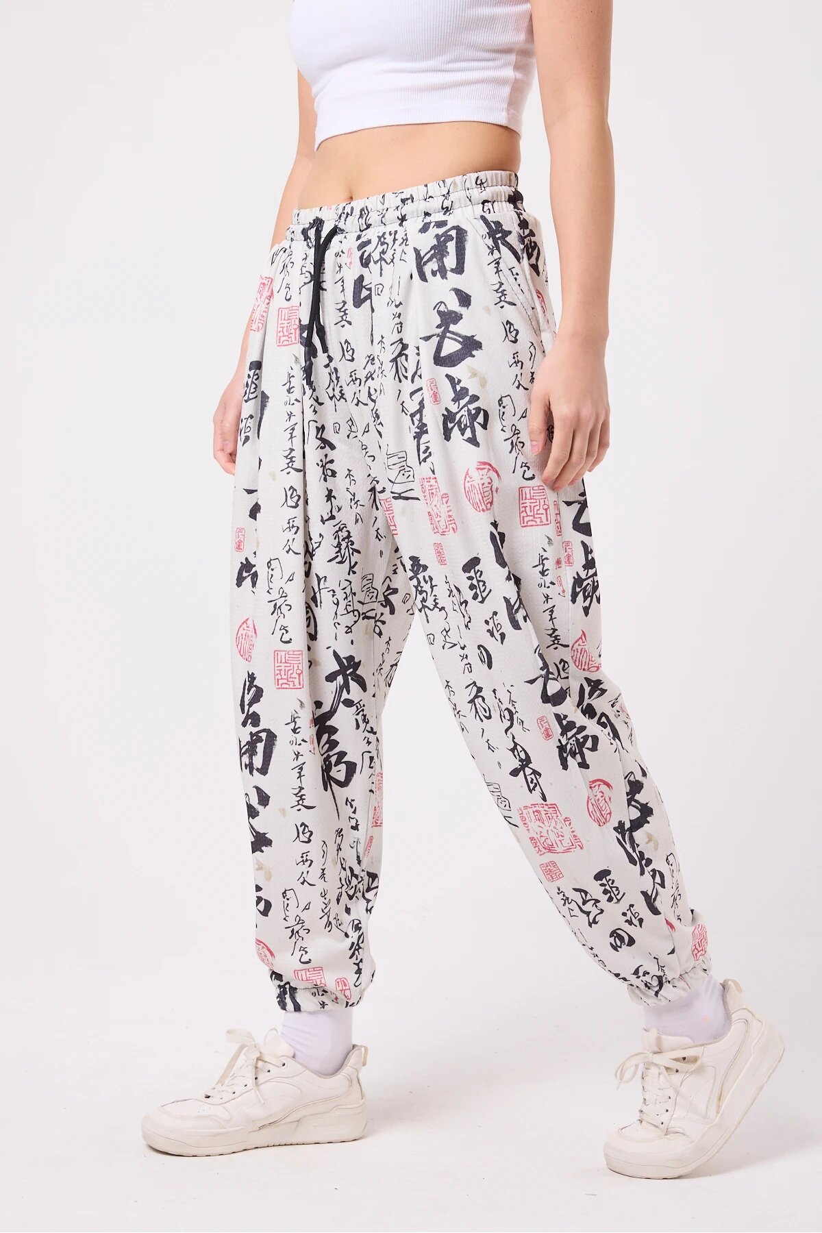 Street Style Sporty Shalwar Printed Crinkle Pants - Ecru - Mexico Superblue