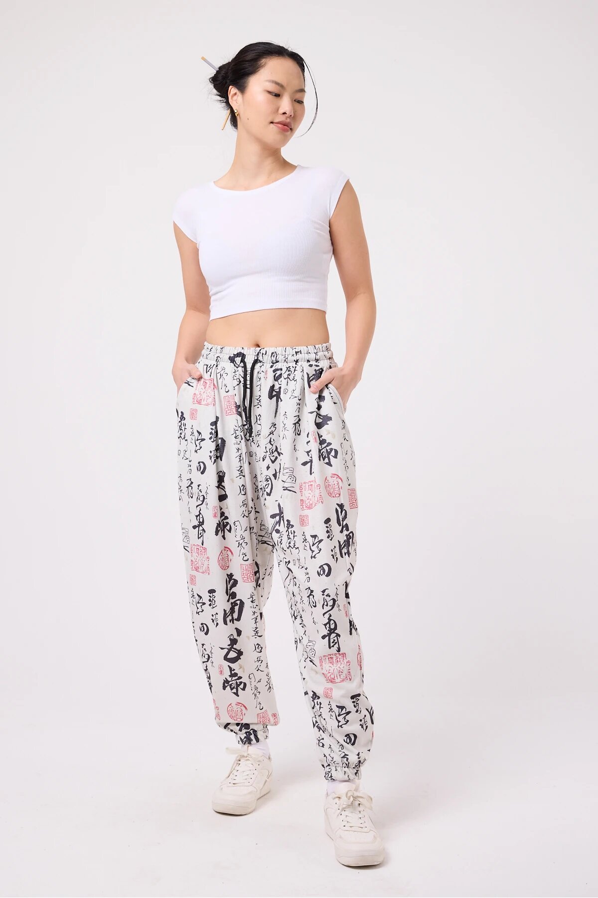 Street Style Sporty Shalwar Printed Crinkle Pants - Ecru - Mexico Superblue