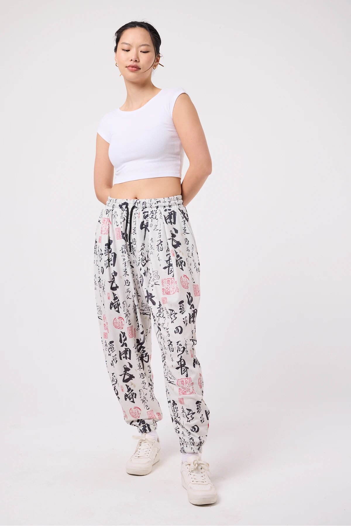 Street Style Sporty Shalwar Printed Crinkle Pants - Ecru - Mexico Superblue