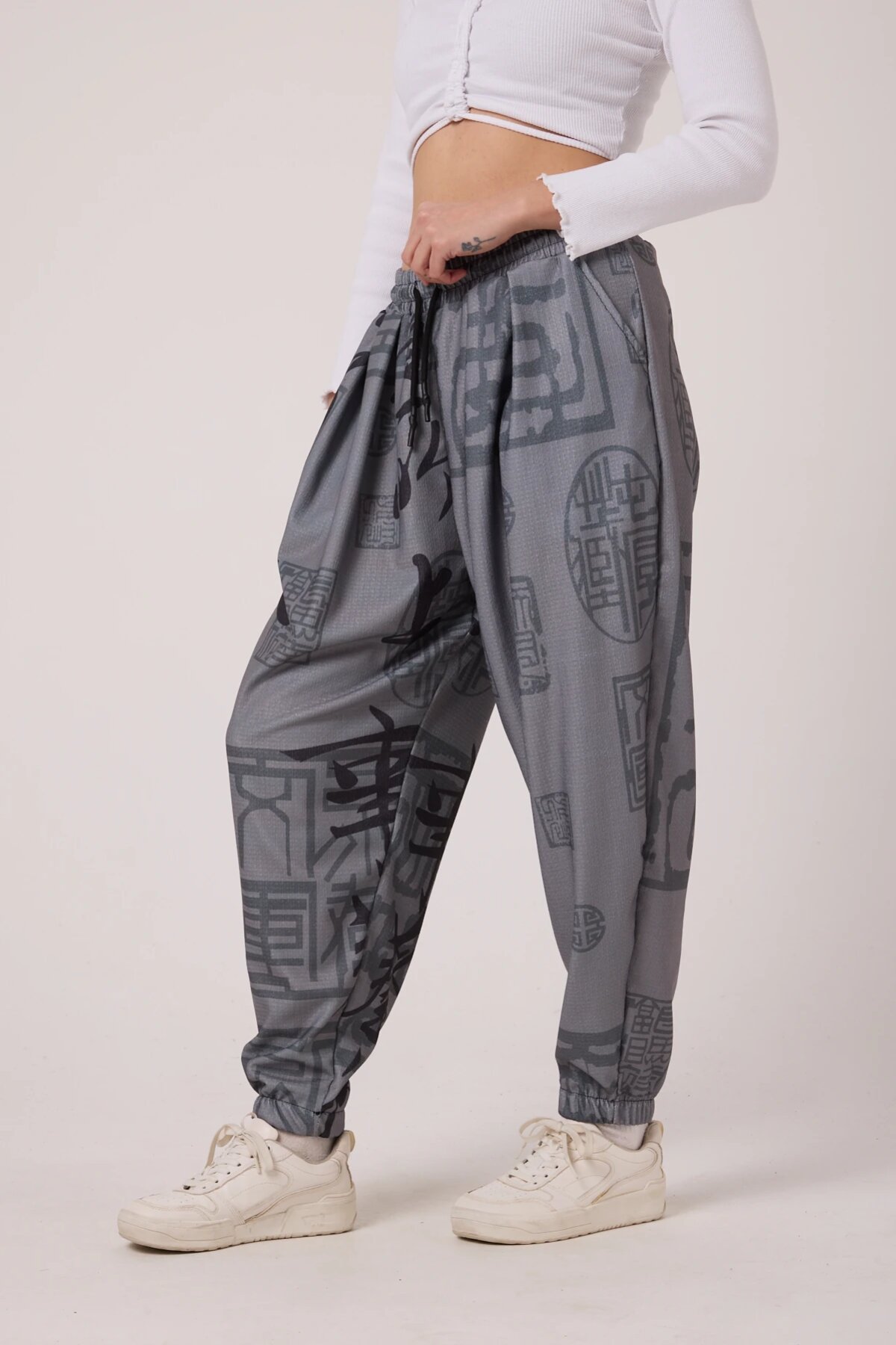 Street Style Sporty Harem Printed Crinkle Pants - Gray - Mexico Superblue