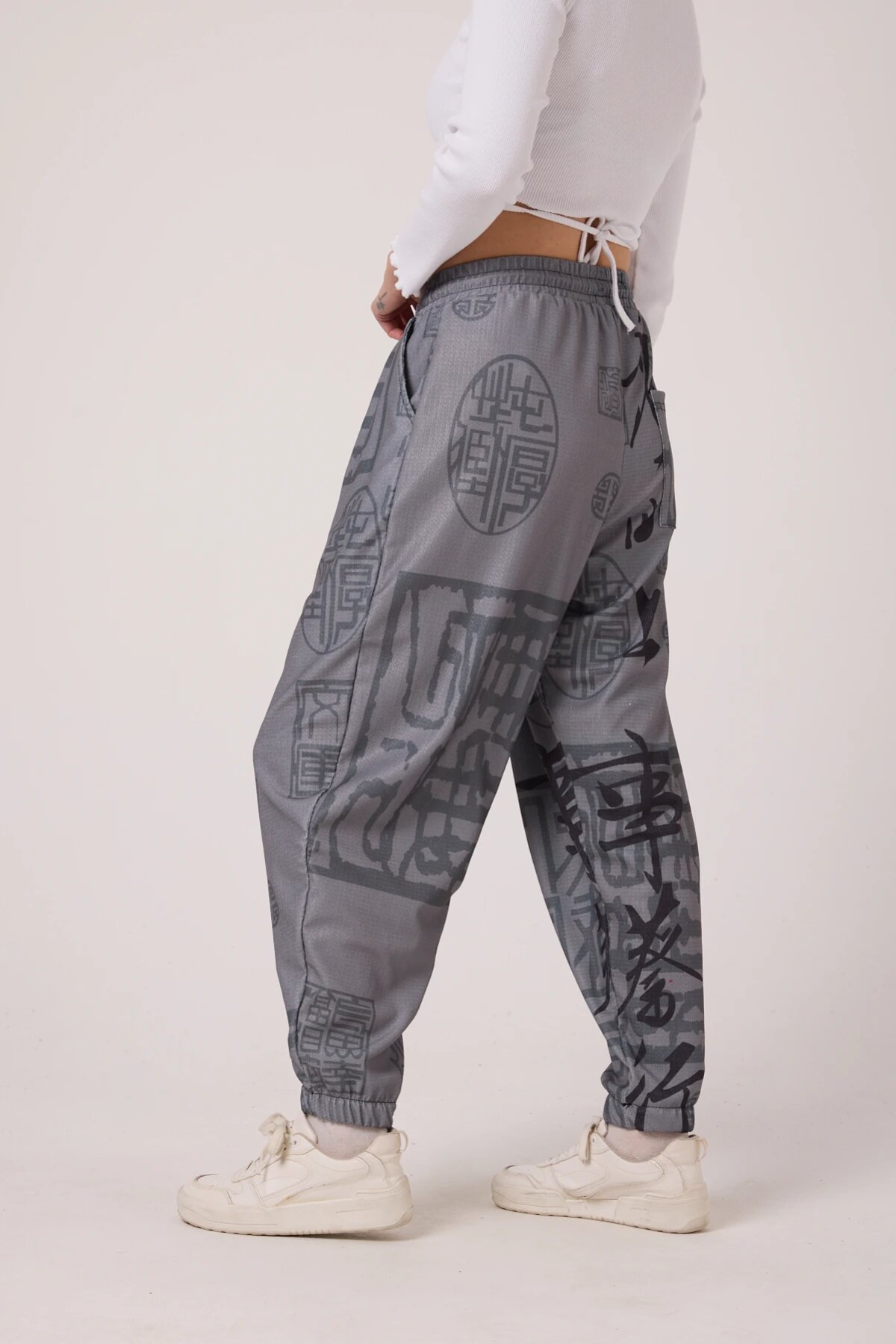 Street Style Sporty Harem Printed Crinkle Pants - Gray - Mexico Superblue