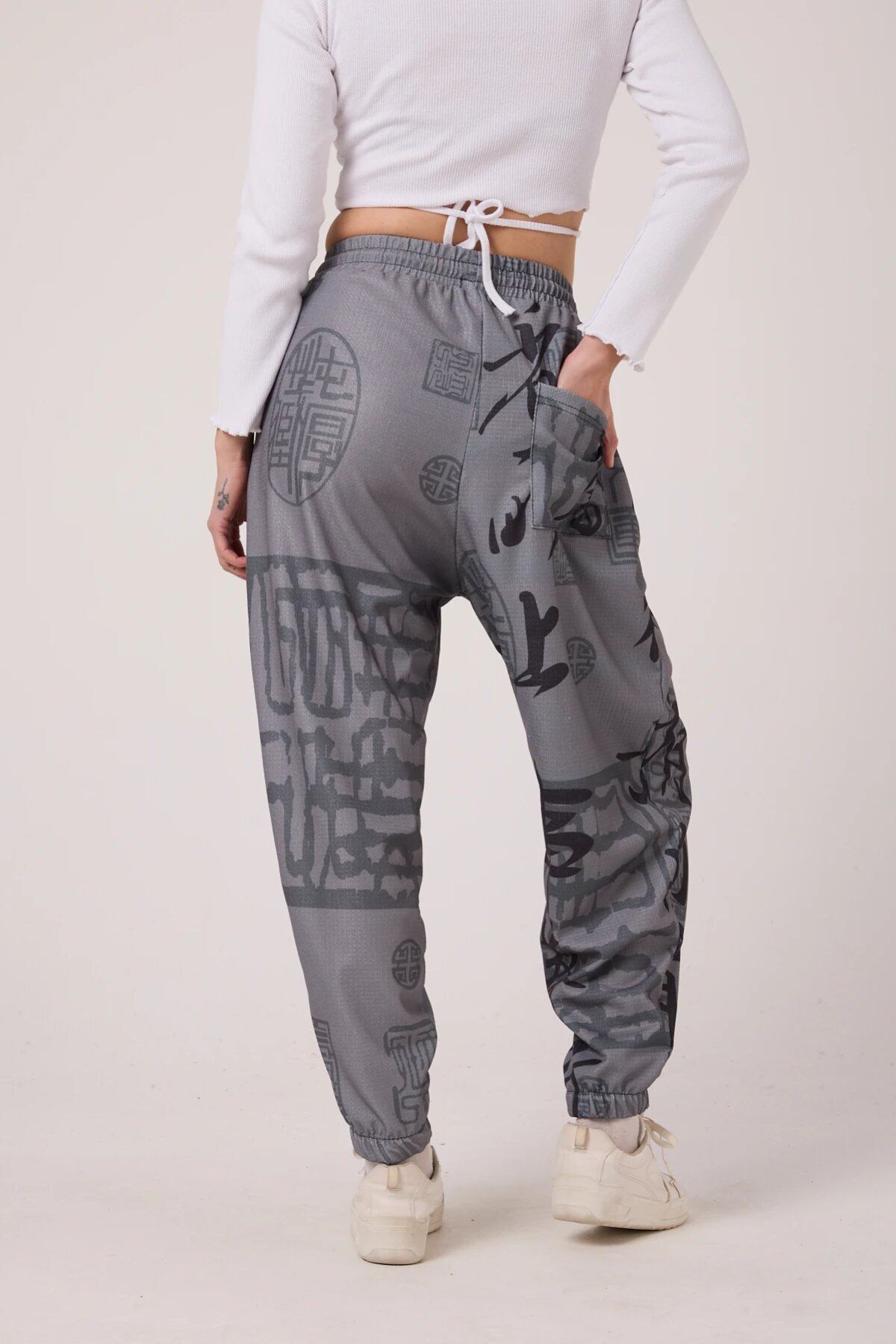 Street Style Sporty Harem Printed Crinkle Pants - Gray - Mexico Superblue