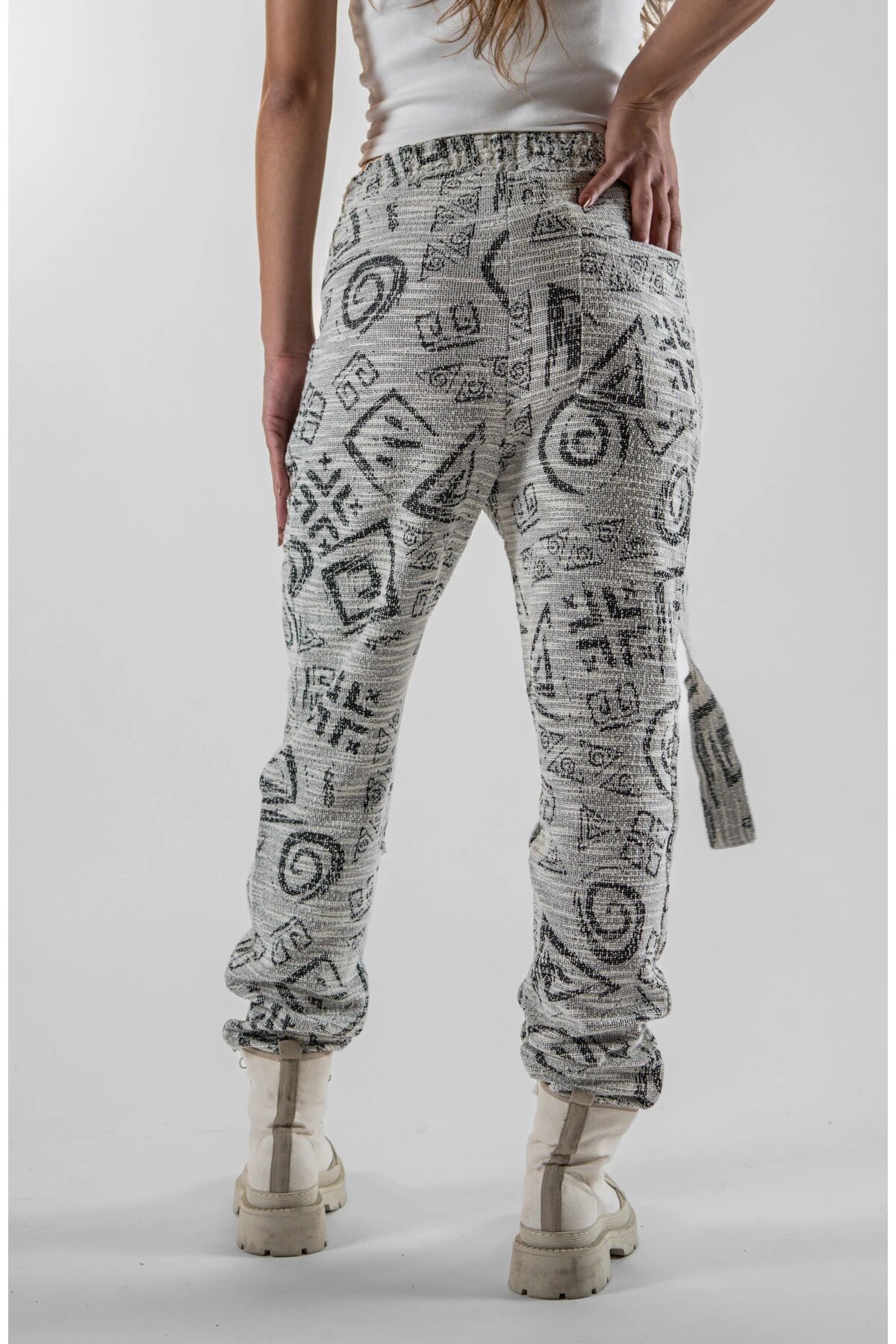 Jogger Geometric Patterned Belted Pants - Grey - Mexico Superblue