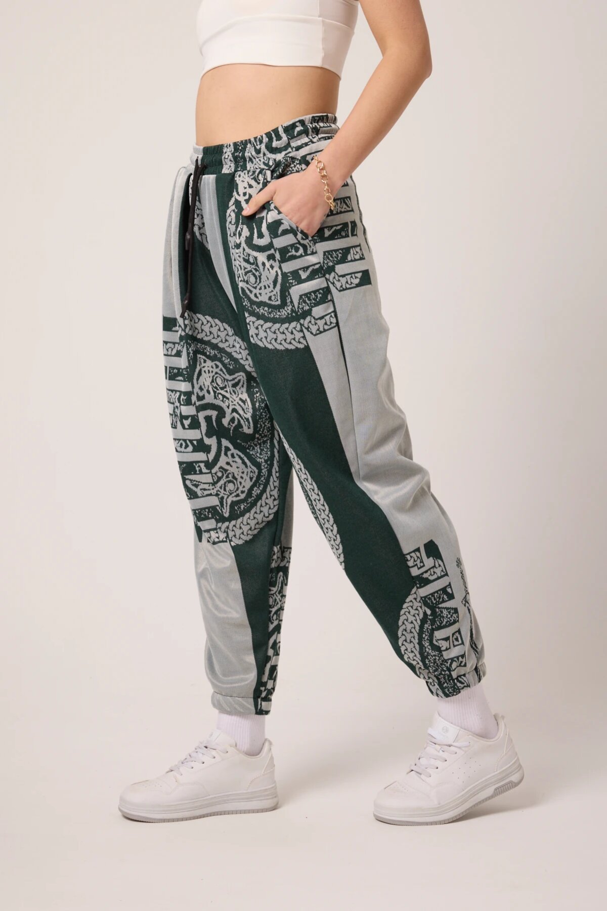 Street Style Sporty Jacquard Patterned Shalwar Pants - Khaki - Mexico Superblue