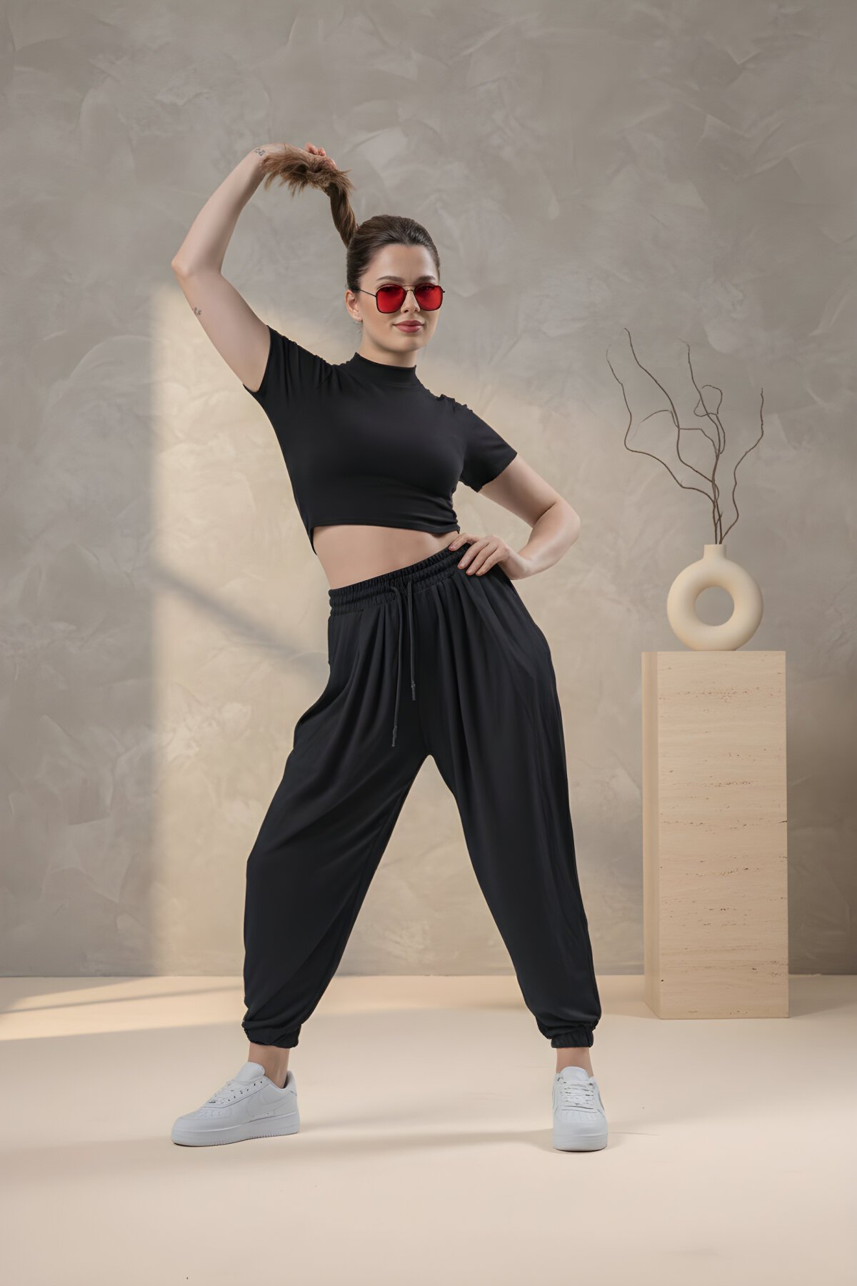 Kahve Havuç Şalvar Siyah Lastikli Pantolon - Mexico Superblue