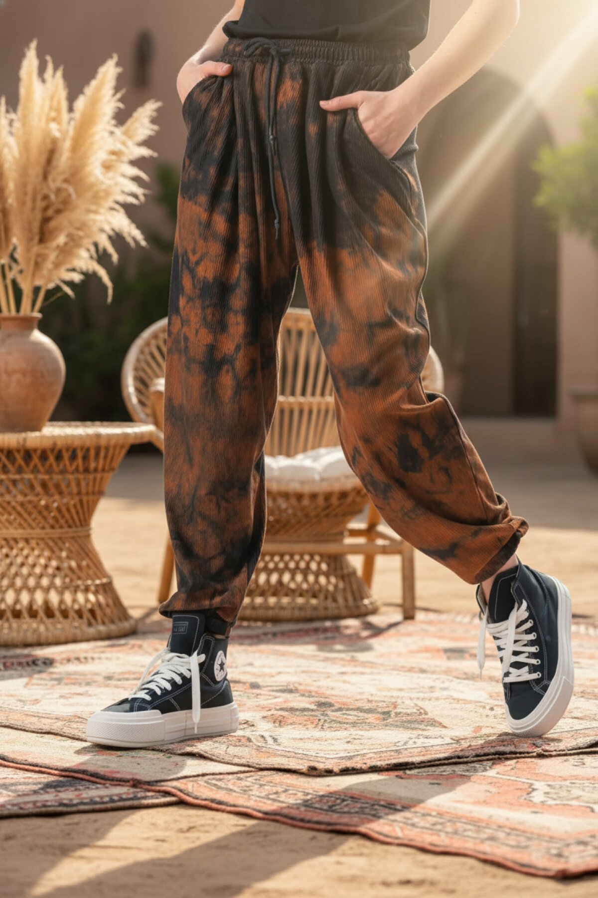 Kahverengi Batik Desenli Şalvar Lastikli Pantolon - Mexico Superblue