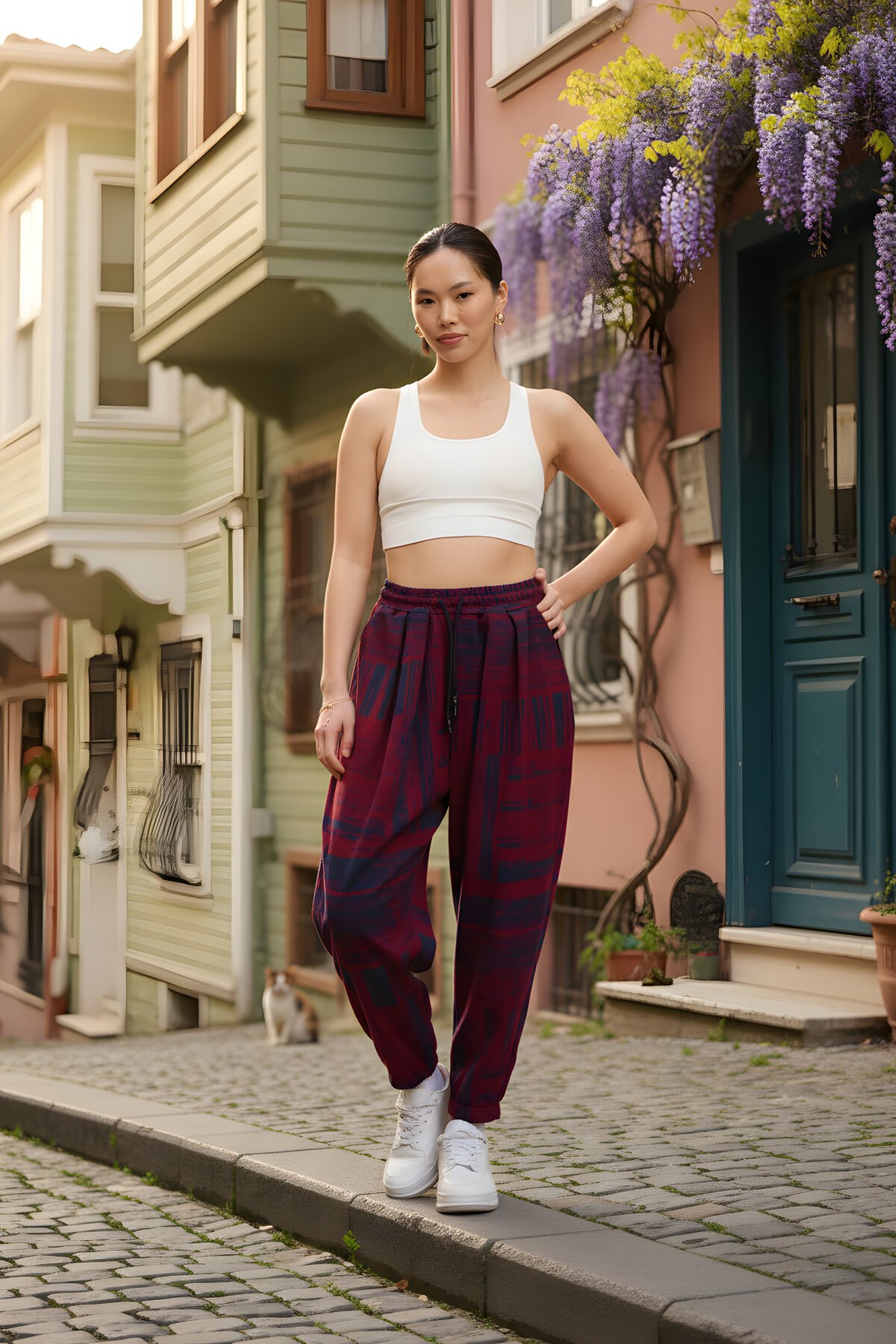 Kırmızı Jakar Desenli Sokak Tarzı Spor Şalvar Pantolon - Mexico Superblue