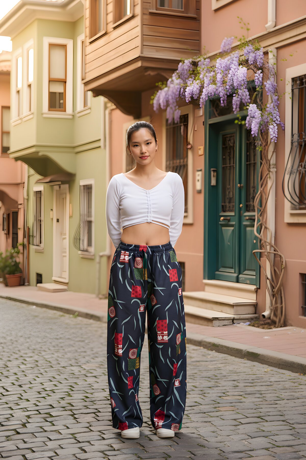 Lacivert Baskılı Sokak Tarzı Spor Baggy Bürümcük Pantolon - Mexico Superblue