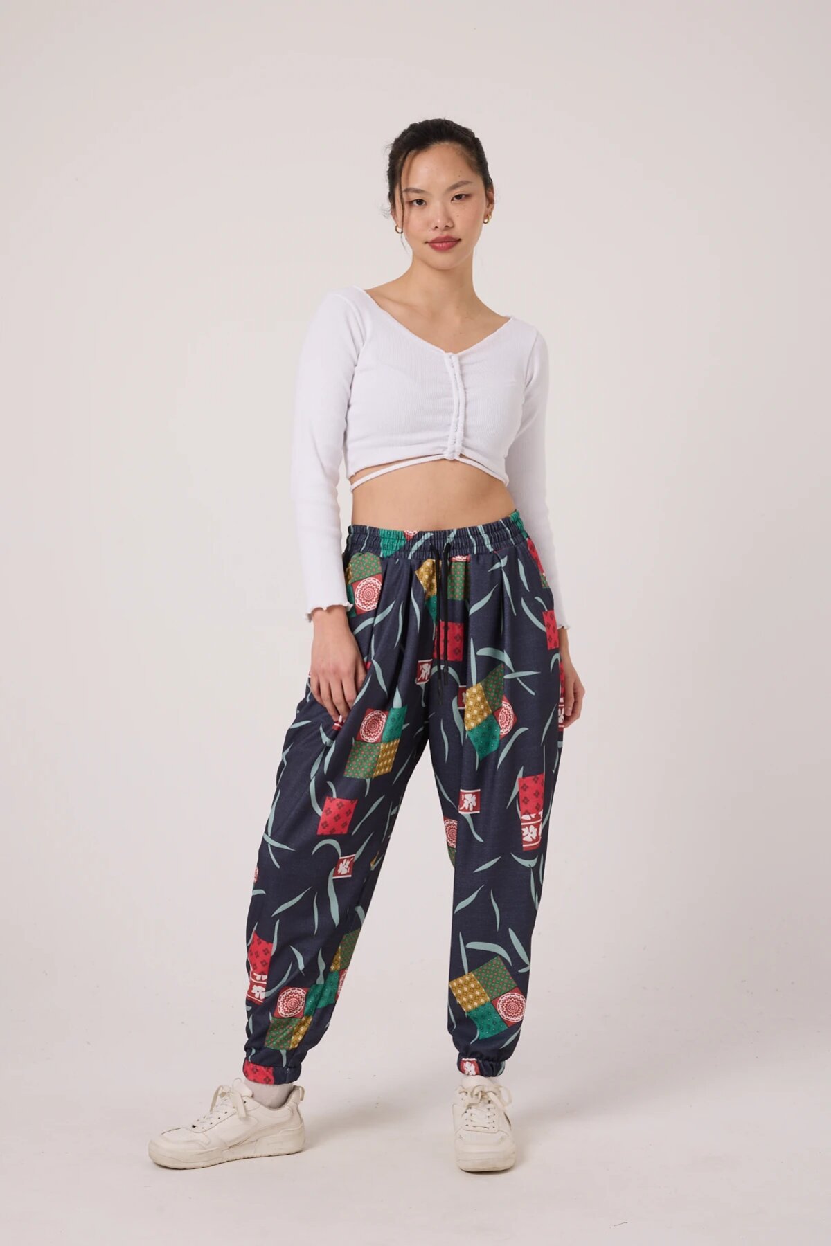 Sporty Shalwar-style Printed Crinkled Pants - Navy - Mexico Superblue