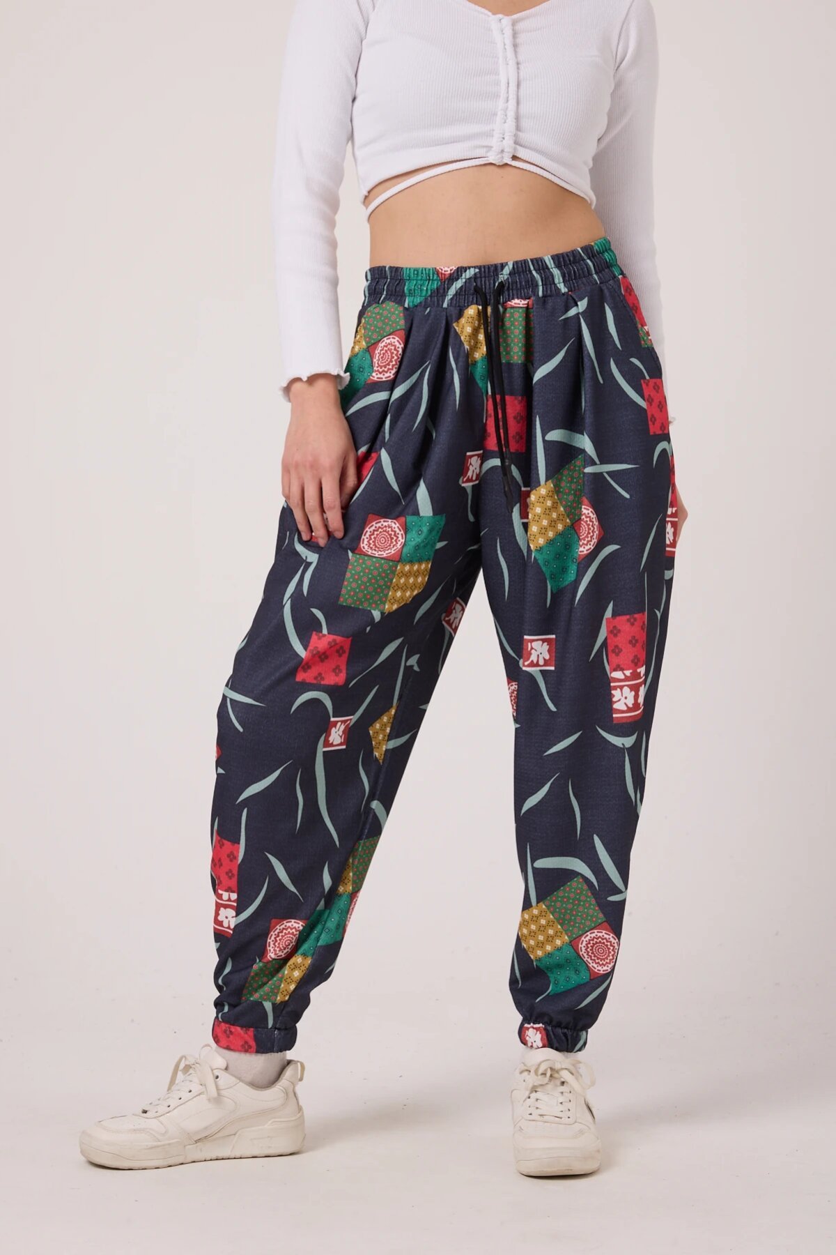 Sporty Shalwar-style Printed Crinkled Pants - Navy - Mexico Superblue