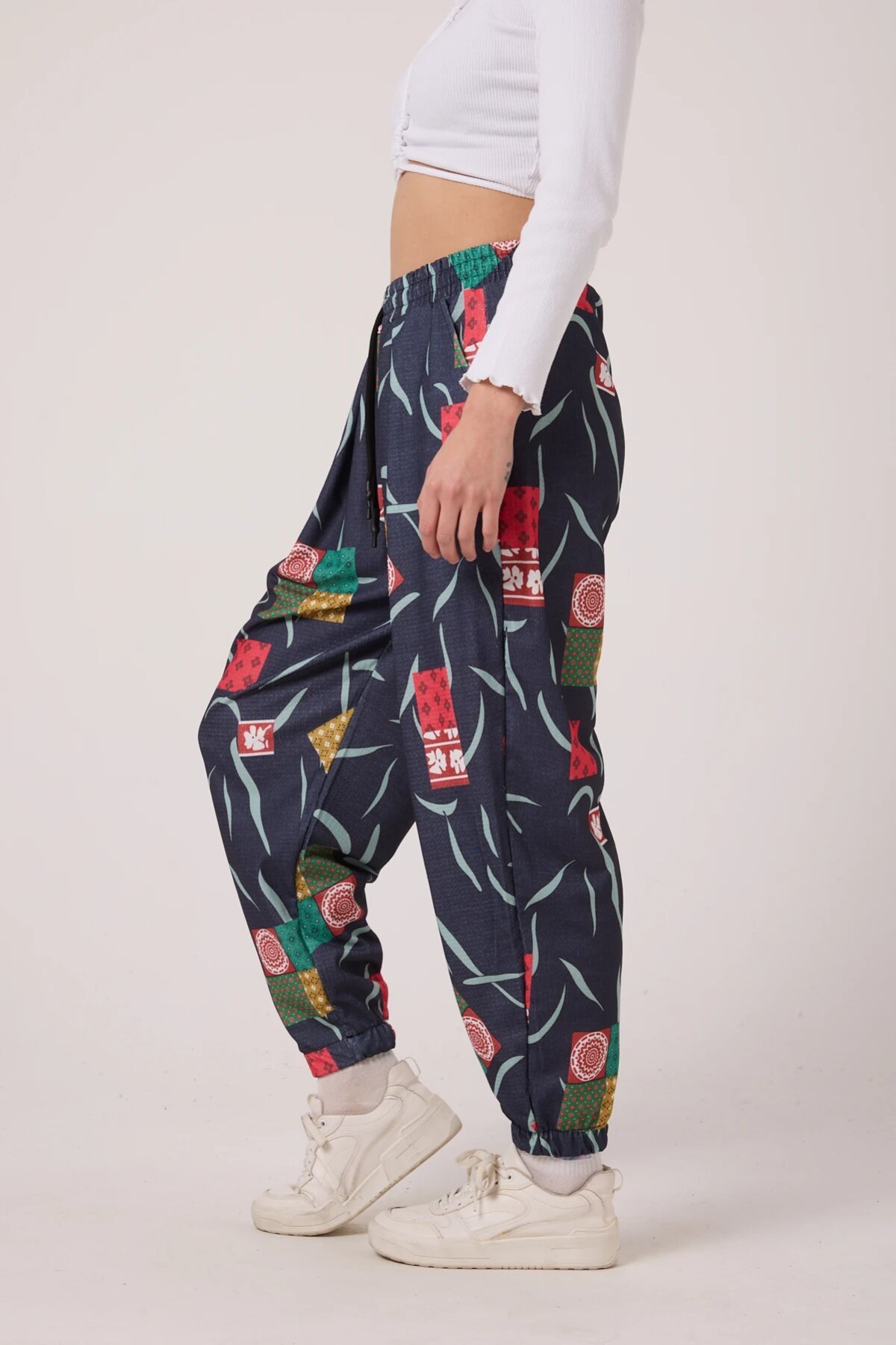 Sporty Shalwar-style Printed Crinkled Pants - Navy - Mexico Superblue