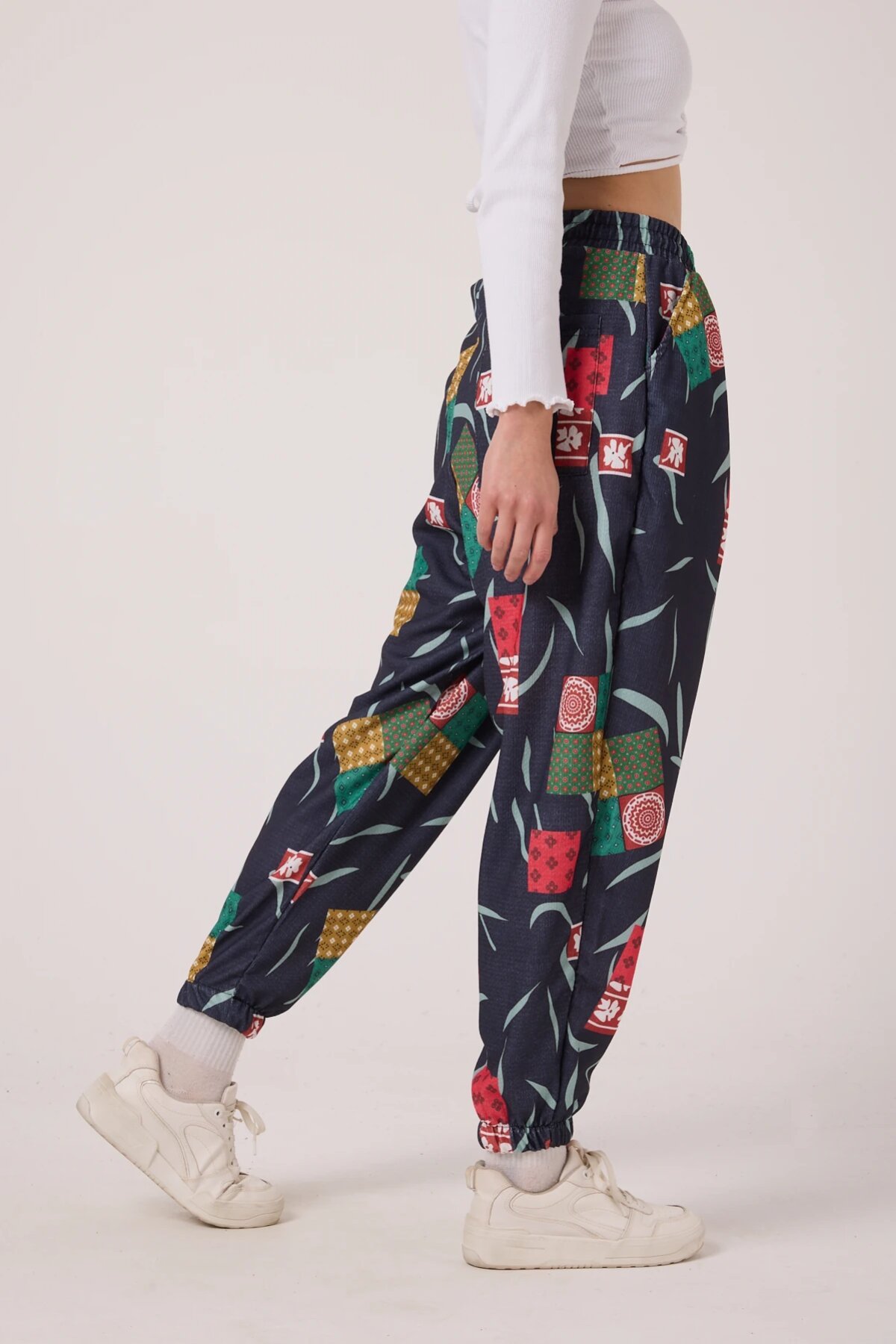 Sporty Shalwar-style Printed Crinkled Pants - Navy - Mexico Superblue