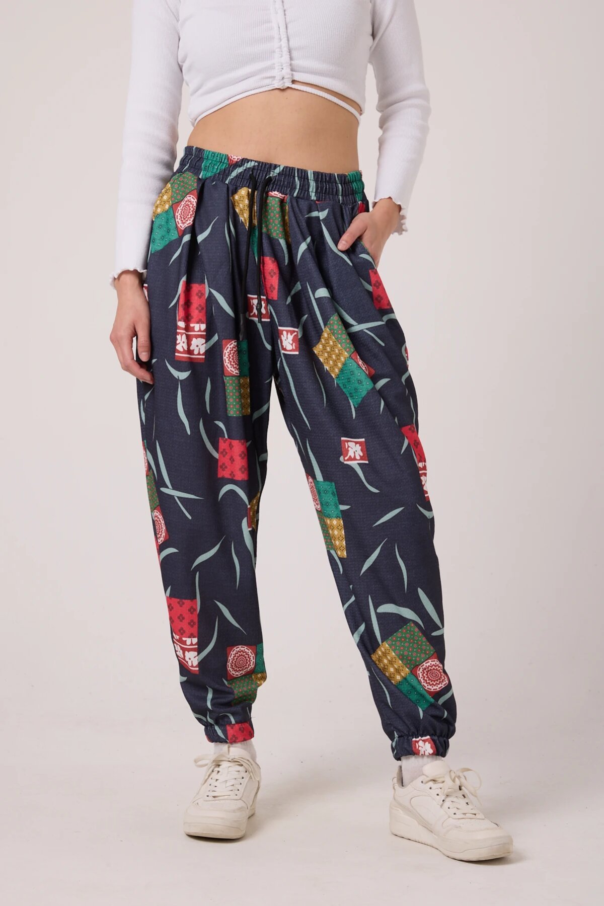Sporty Shalwar-style Printed Crinkled Pants - Navy - Mexico Superblue
