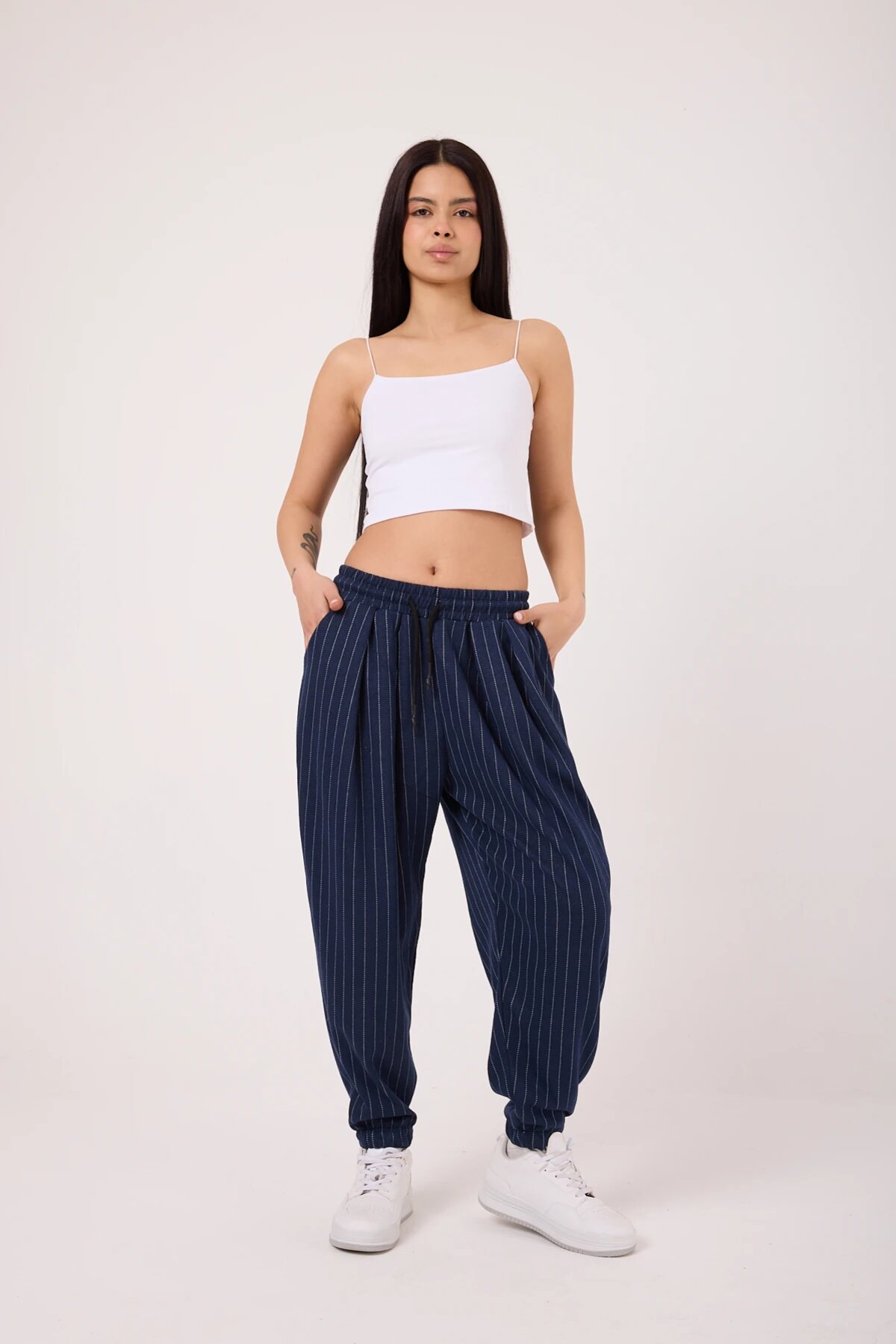 Lacivert Çizgili Sokak Tarzı Spor Şalvar Pantolon - Mexico Superblue
