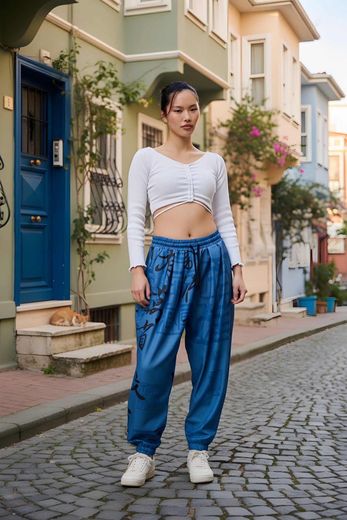 Mavi Baskılı Sokak Tarzı Spor Şalvar Bürümcük Pantolon - Mexico Superblue