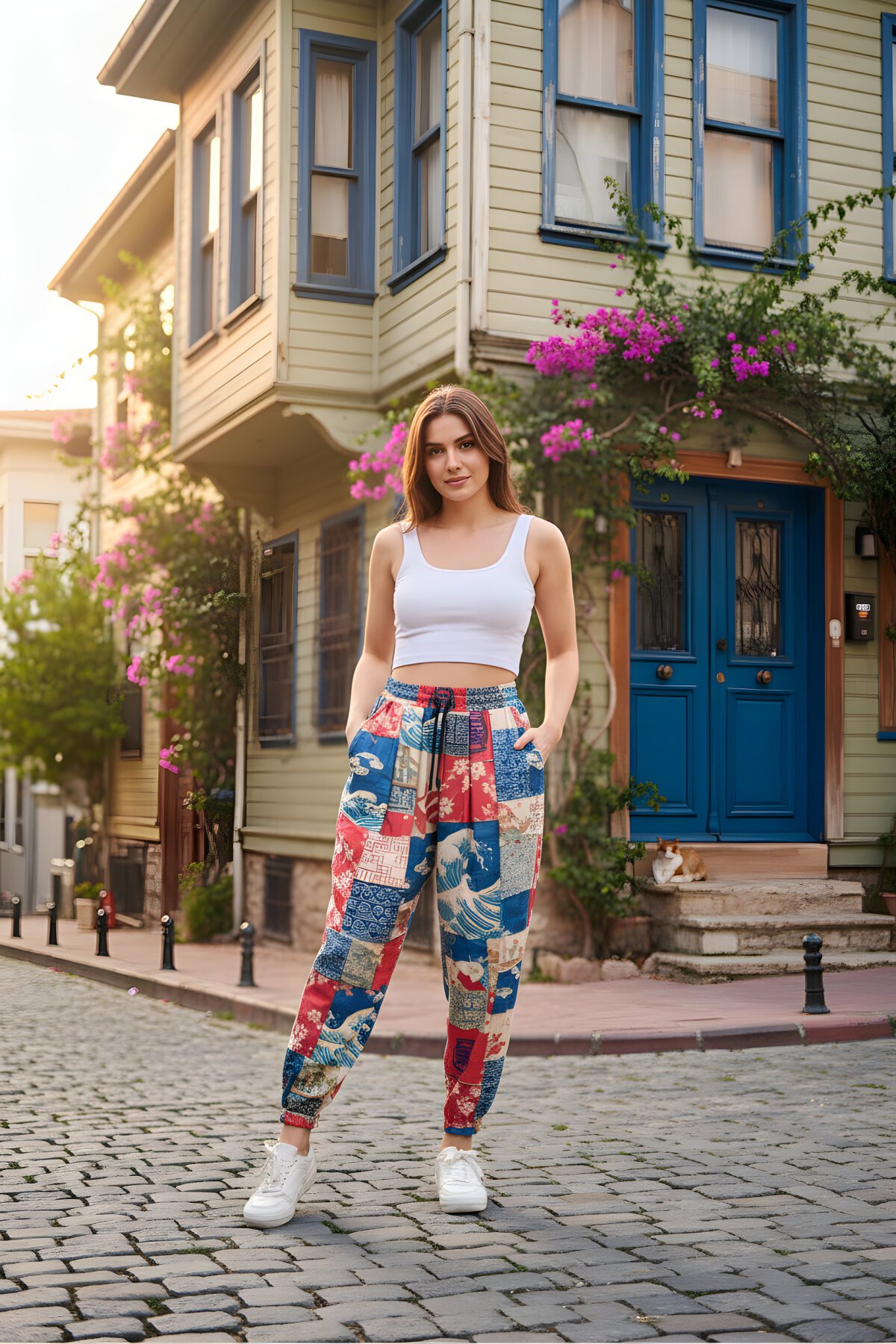 Mavi Baskılı Sokak Tarzı Spor Şalvar Bürümcük Pantolon - Mexico Superblue