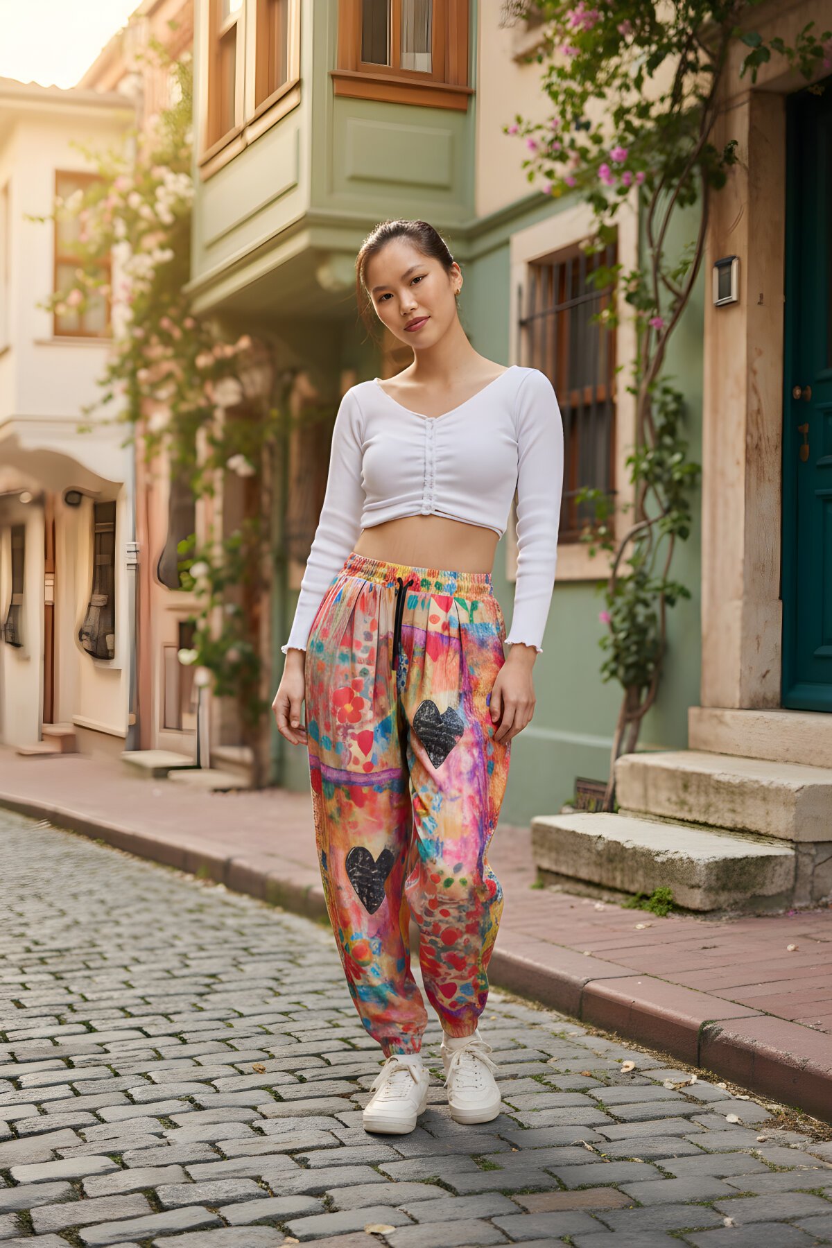 Renkli Baskılı Sokak Tarzı Spor Şalvar Bürümcük Pantolon - Mexico Superblue