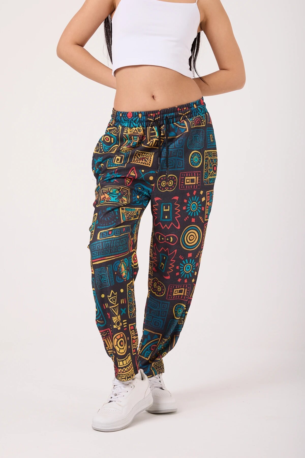 Sarı Baskılı Sokak Tarzı Spor Baget Pantolon - Mexico Superblue