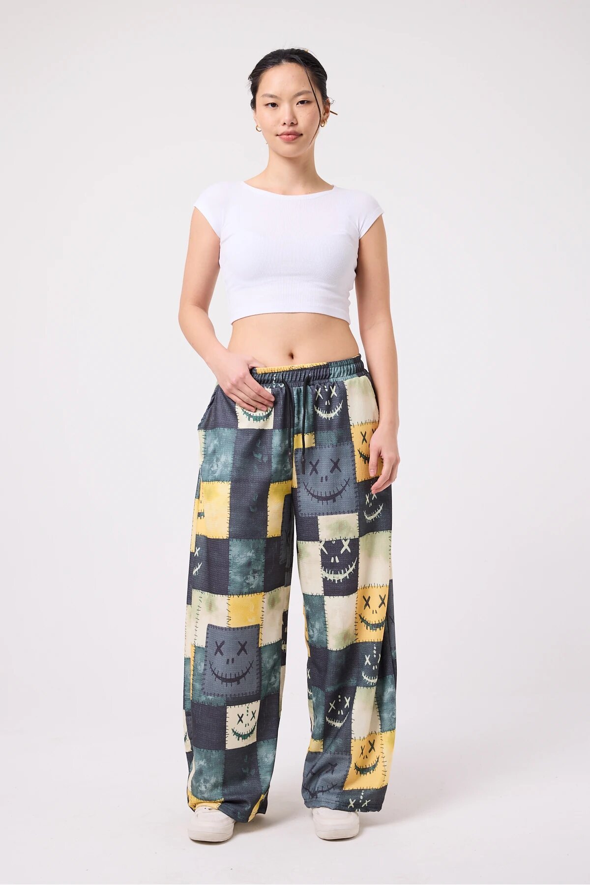 Baggy Casual Printed Seersucker Pants - Yellow - Mexico Superblue