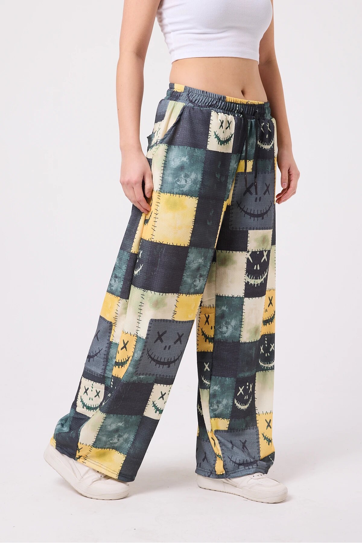 Baggy Casual Printed Seersucker Pants - Yellow - Mexico Superblue