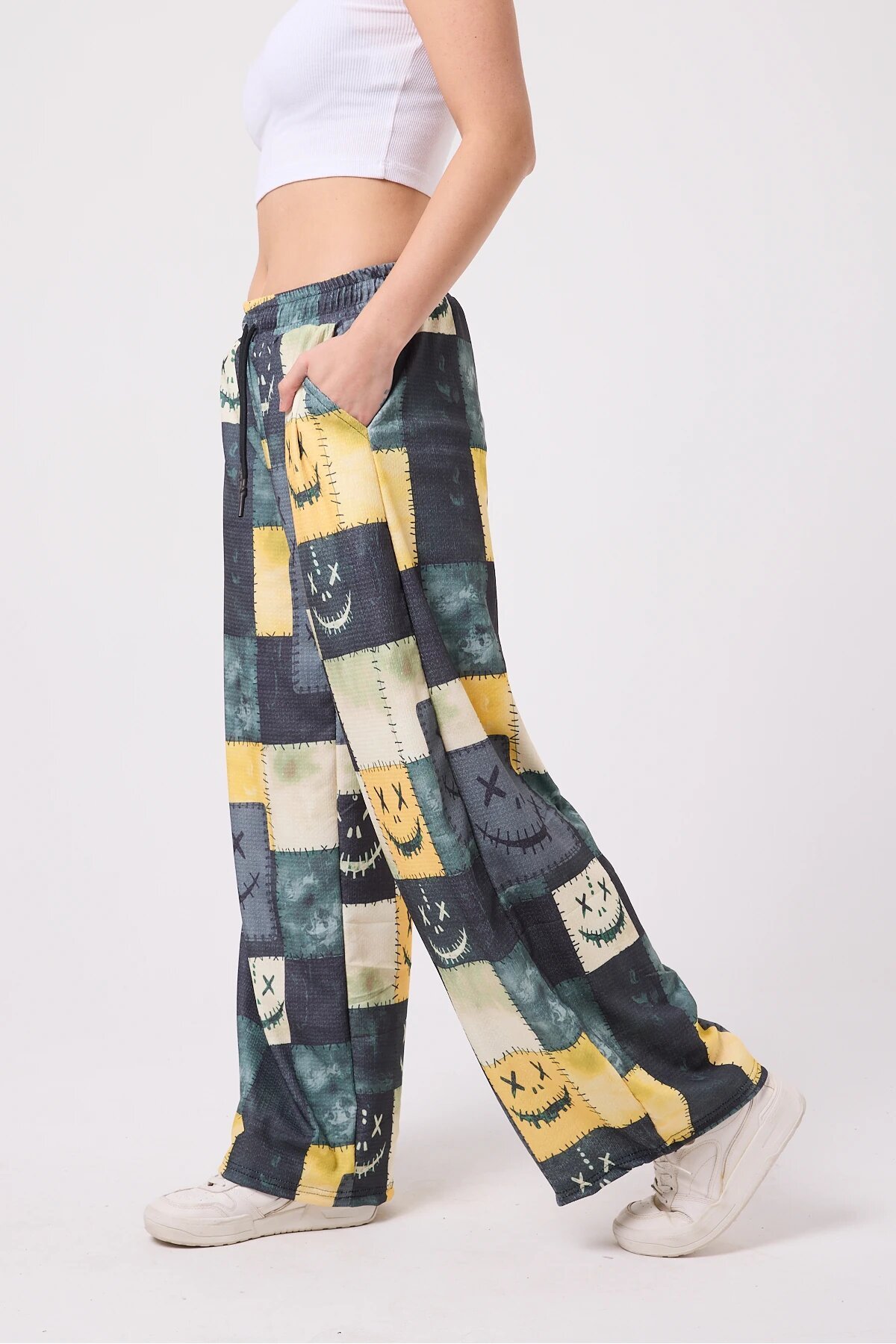 Baggy Casual Printed Seersucker Pants - Yellow - Mexico Superblue