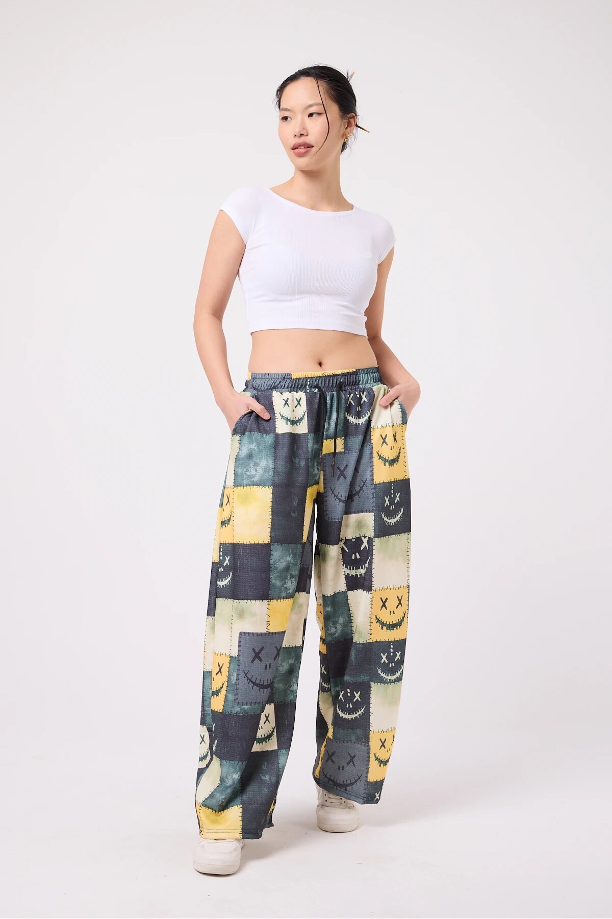 Baggy Casual Printed Seersucker Pants - Yellow - Mexico Superblue