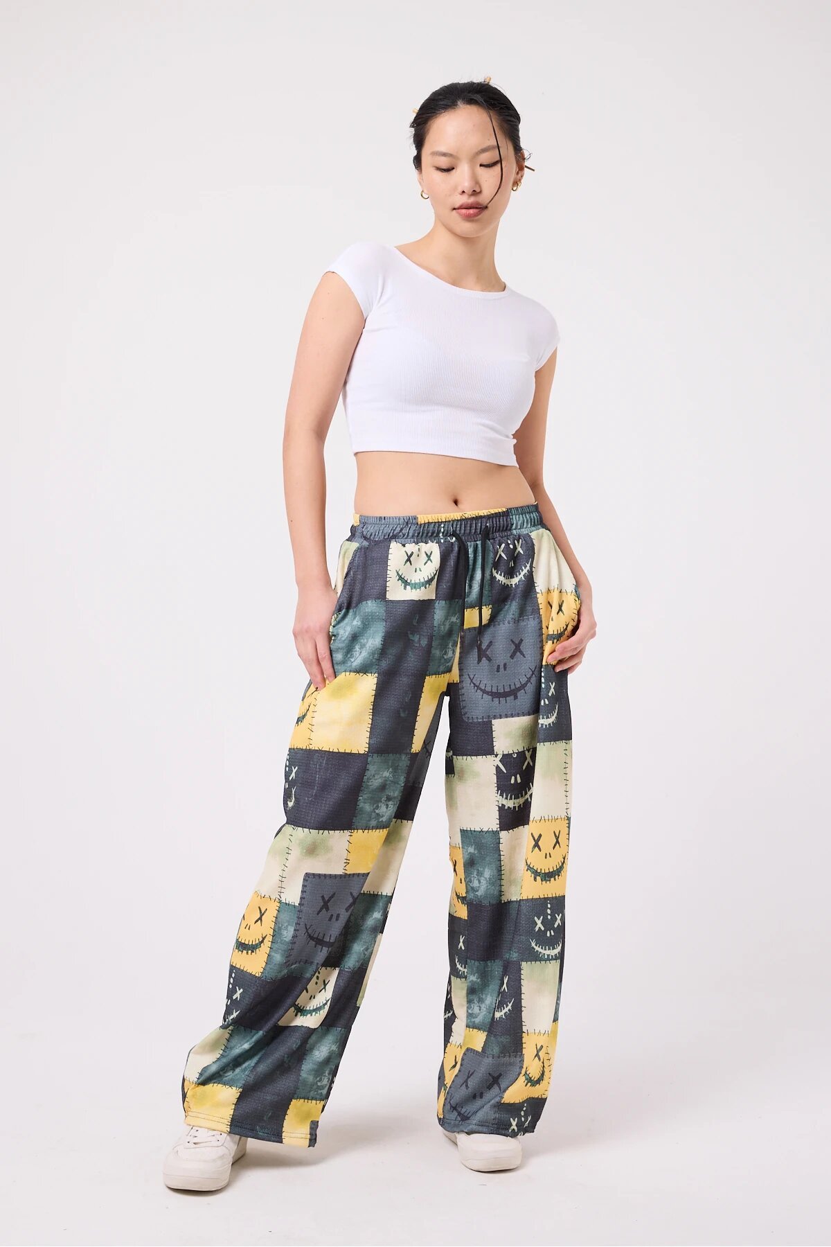 Baggy Casual Printed Seersucker Pants - Yellow - Mexico Superblue