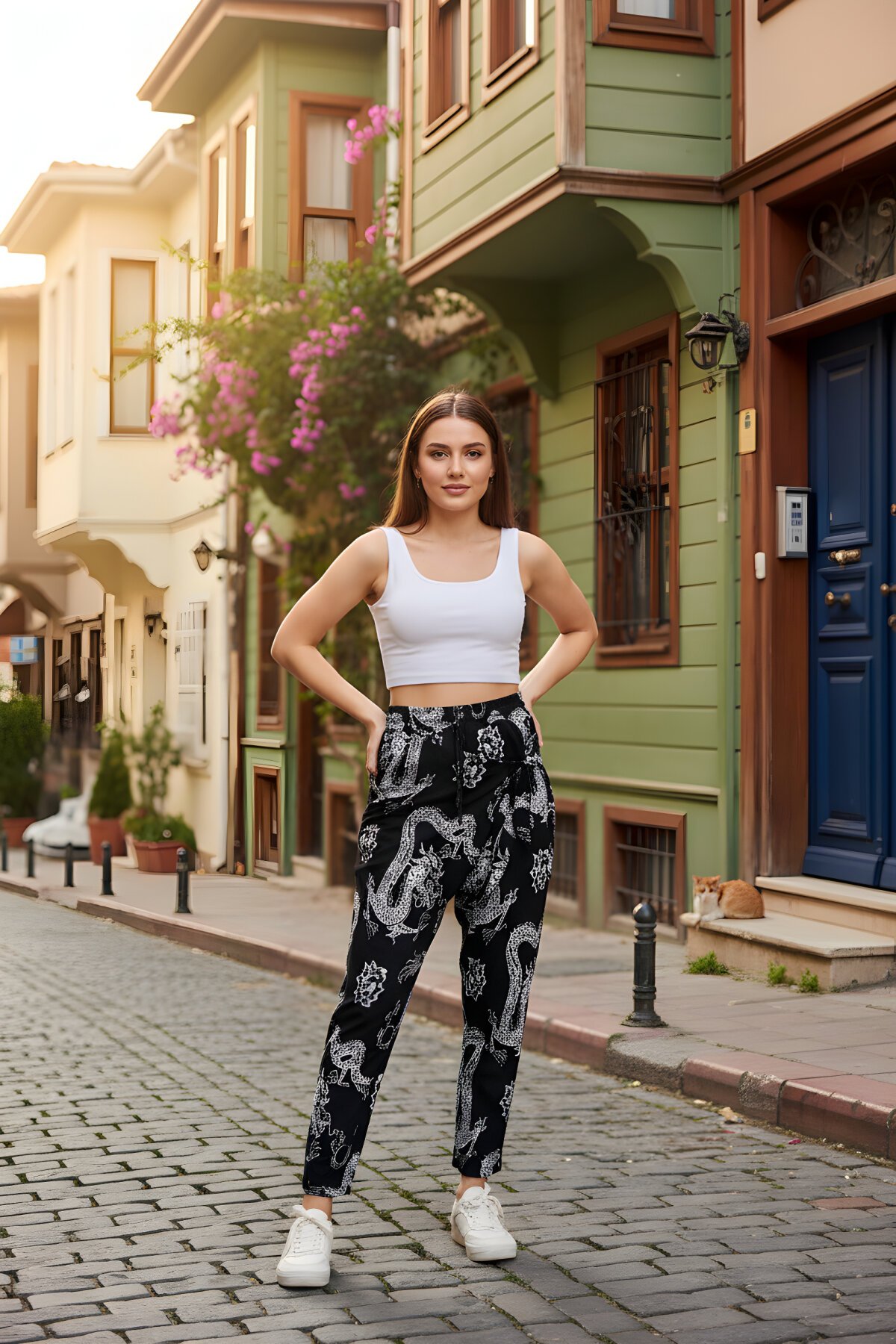 Siyah Baskılı Sokak Tarzı Spor Şalvar Bürümcük Pantolon - Mexico Superblue