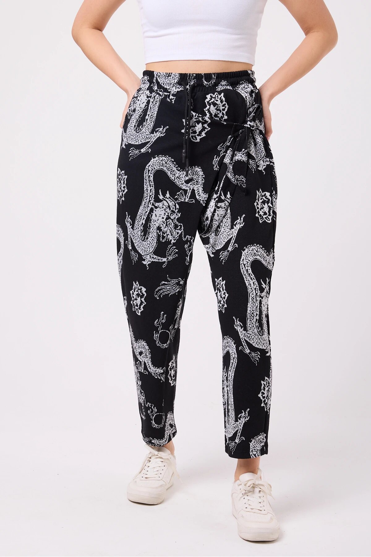 Street Style Sporty Printed Crinkle Shalwar Pants - Black - Mexico Superblue