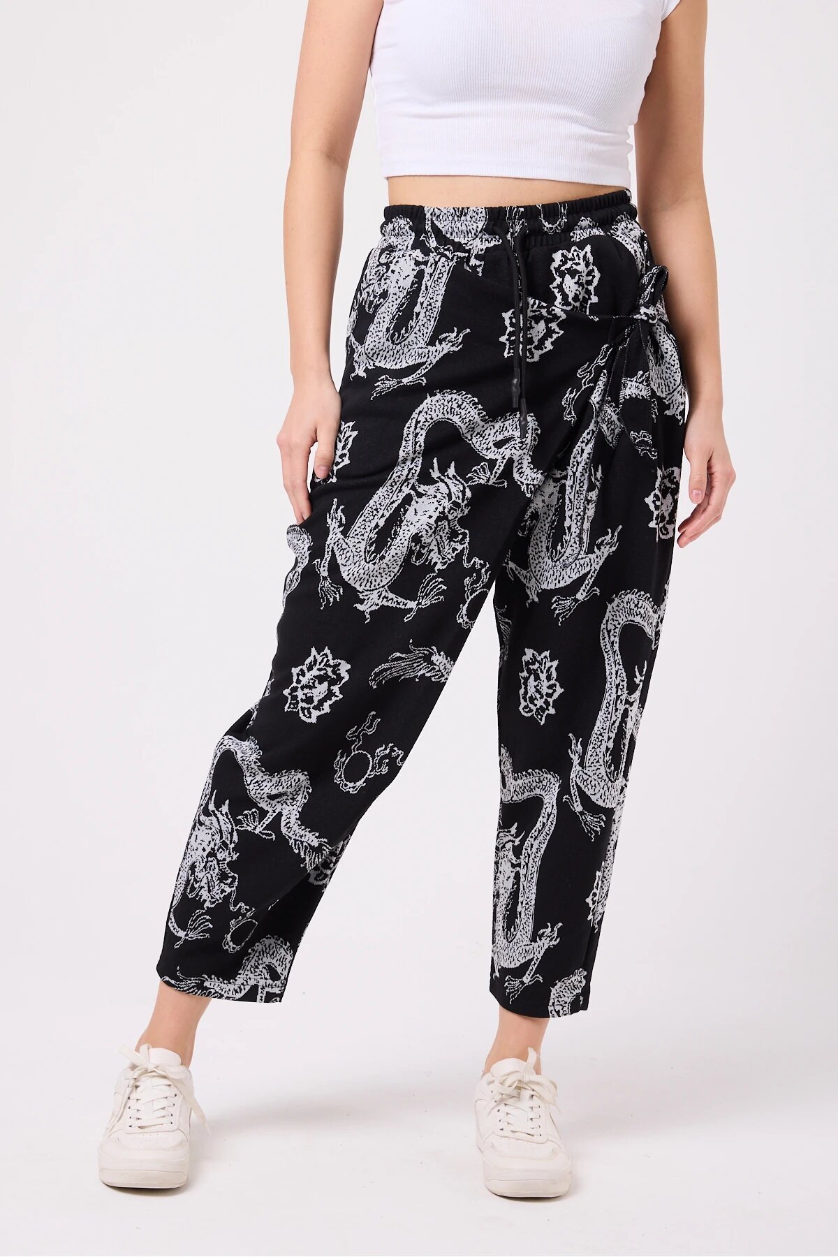 Street Style Sporty Printed Crinkle Shalwar Pants - Black - Mexico Superblue