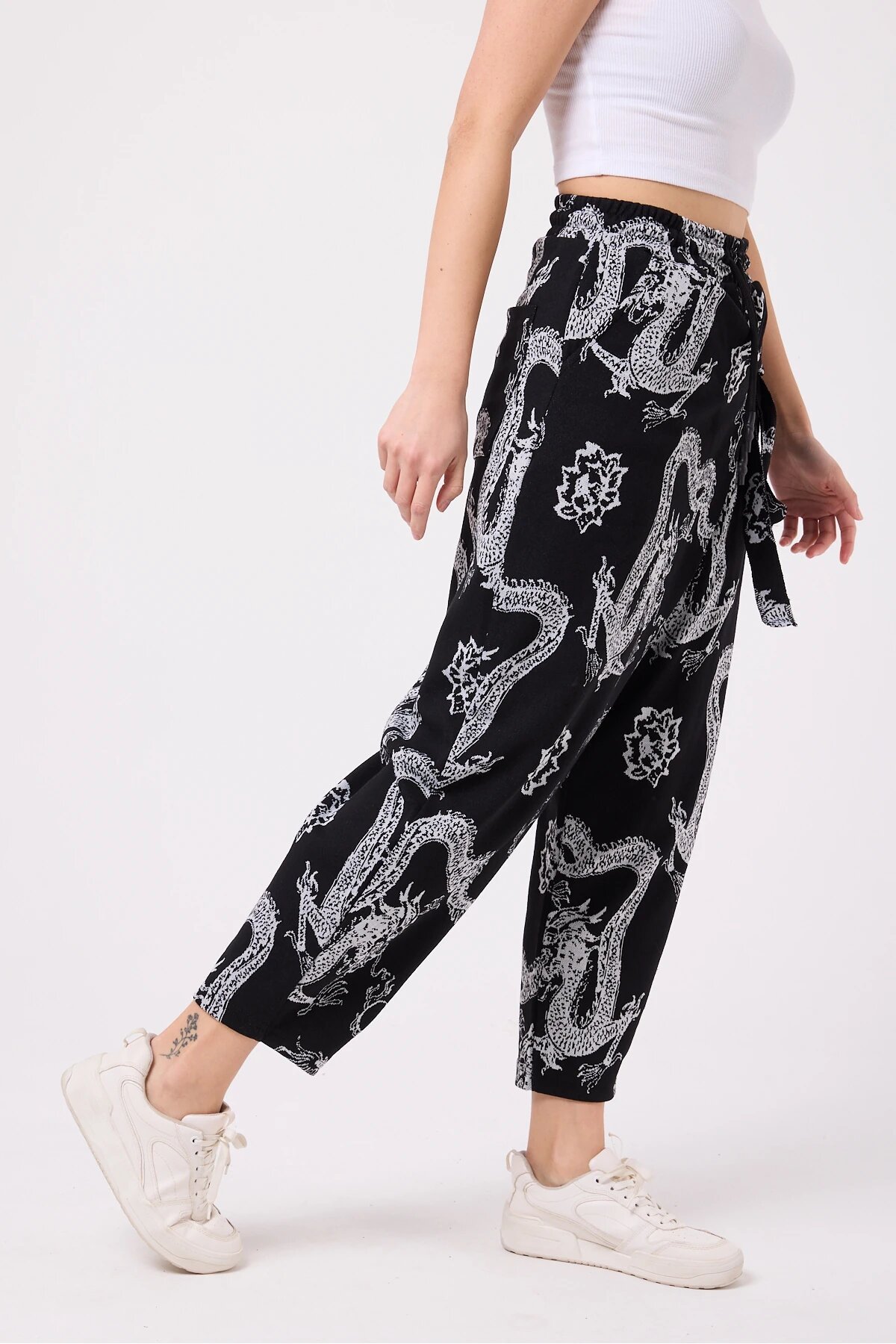 Street Style Sporty Printed Crinkle Shalwar Pants - Black - Mexico Superblue