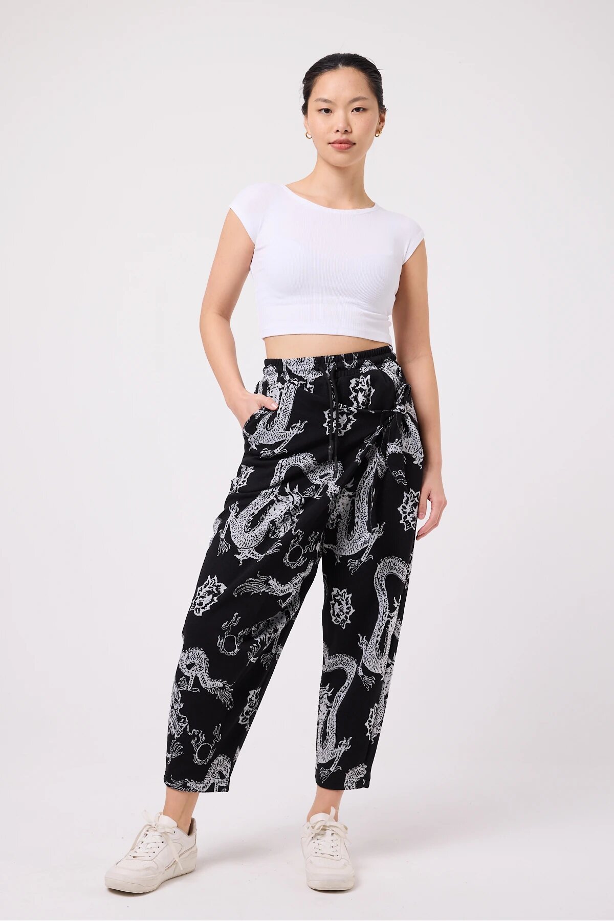 Street Style Sporty Printed Crinkle Shalwar Pants - Black - Mexico Superblue